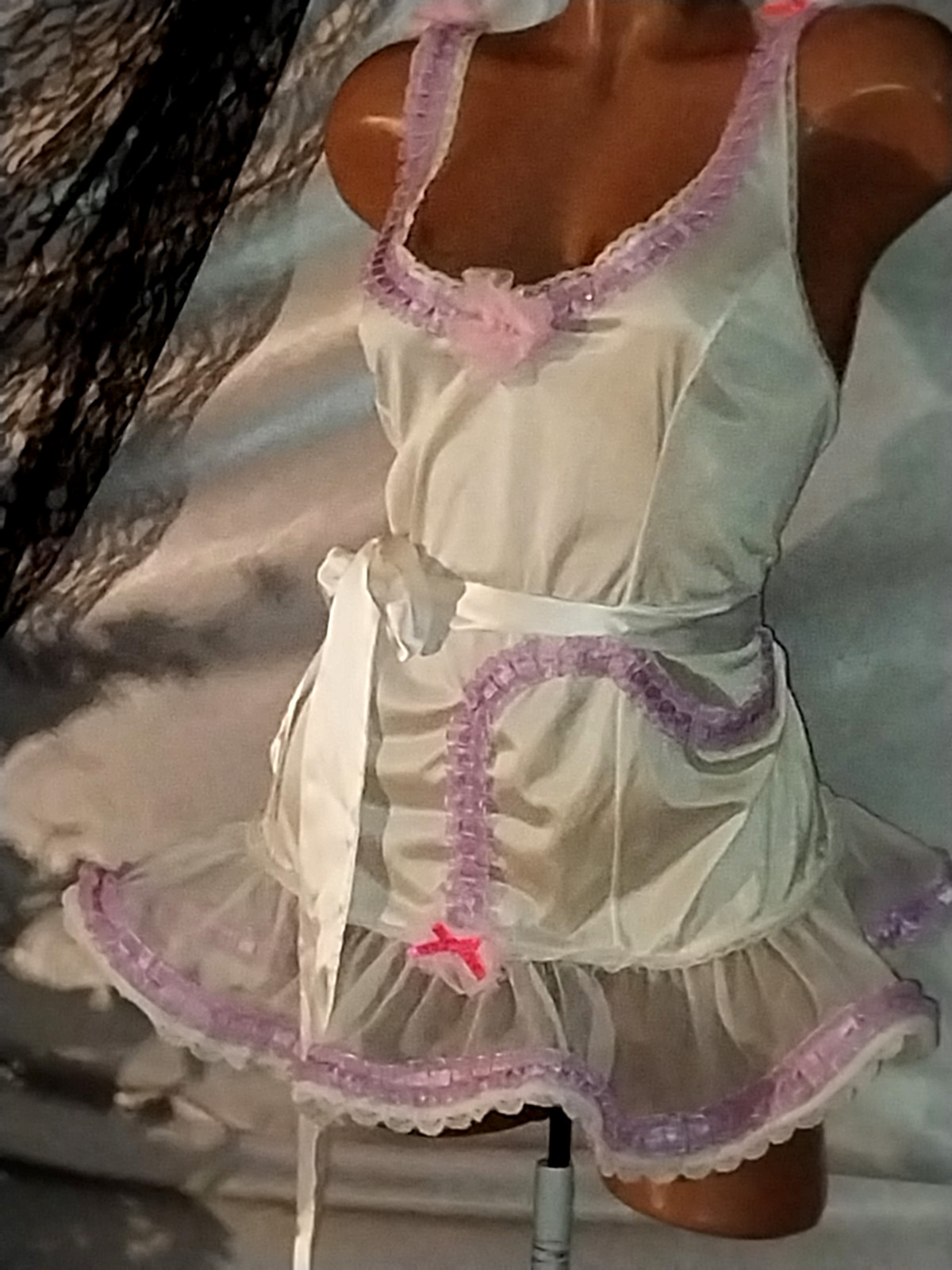 VTG Silky Nylon DollCore Cami Blouse Top Frilly Lacy Neon Pink Bows Burlesque 48