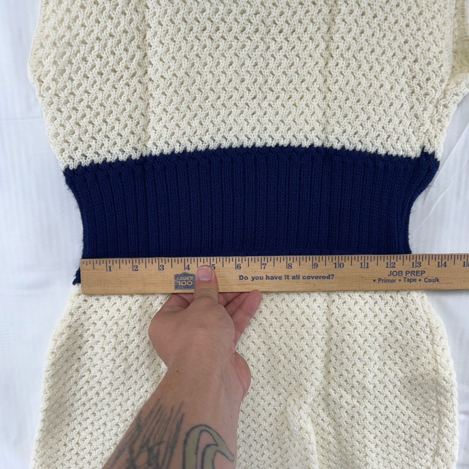 Tunic Women Small Cream Navy Blue Mod Ribbed Waist Mock Neck Zip Back Handmade