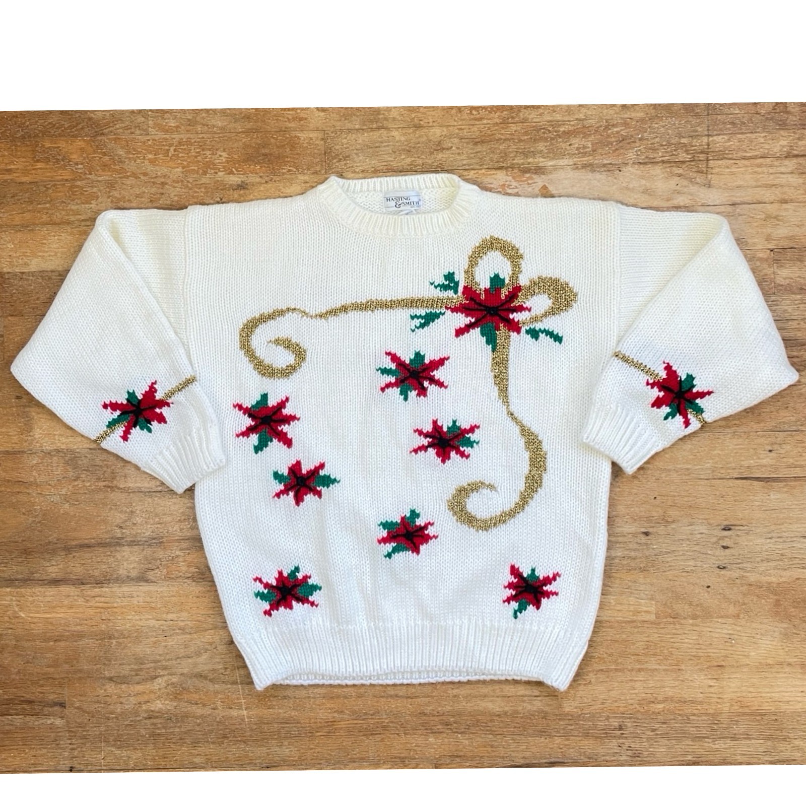 Vintage Poinsettia Holiday Sweater Size Large 80s Acrylic Metallic Crew Neck
