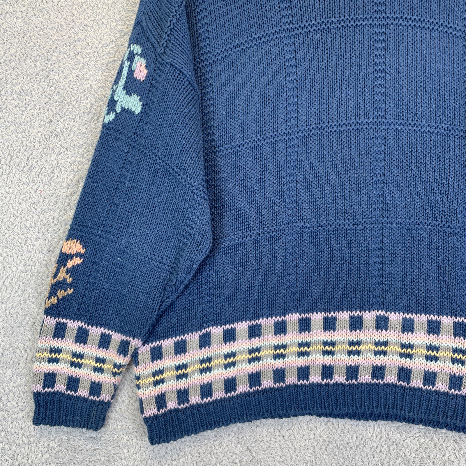 Vintage 90s Mixed Blues Floral Butterfly Sweater Cottagecore Grandmacore Large