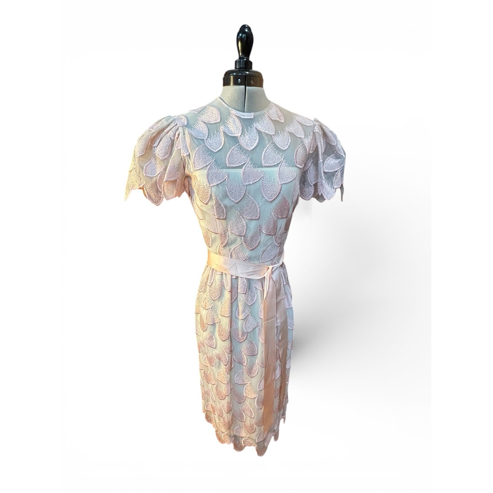 Pastel Petal Appliqué Dress Puff Sleeve Sheer Overlay William Pearson 80s Party