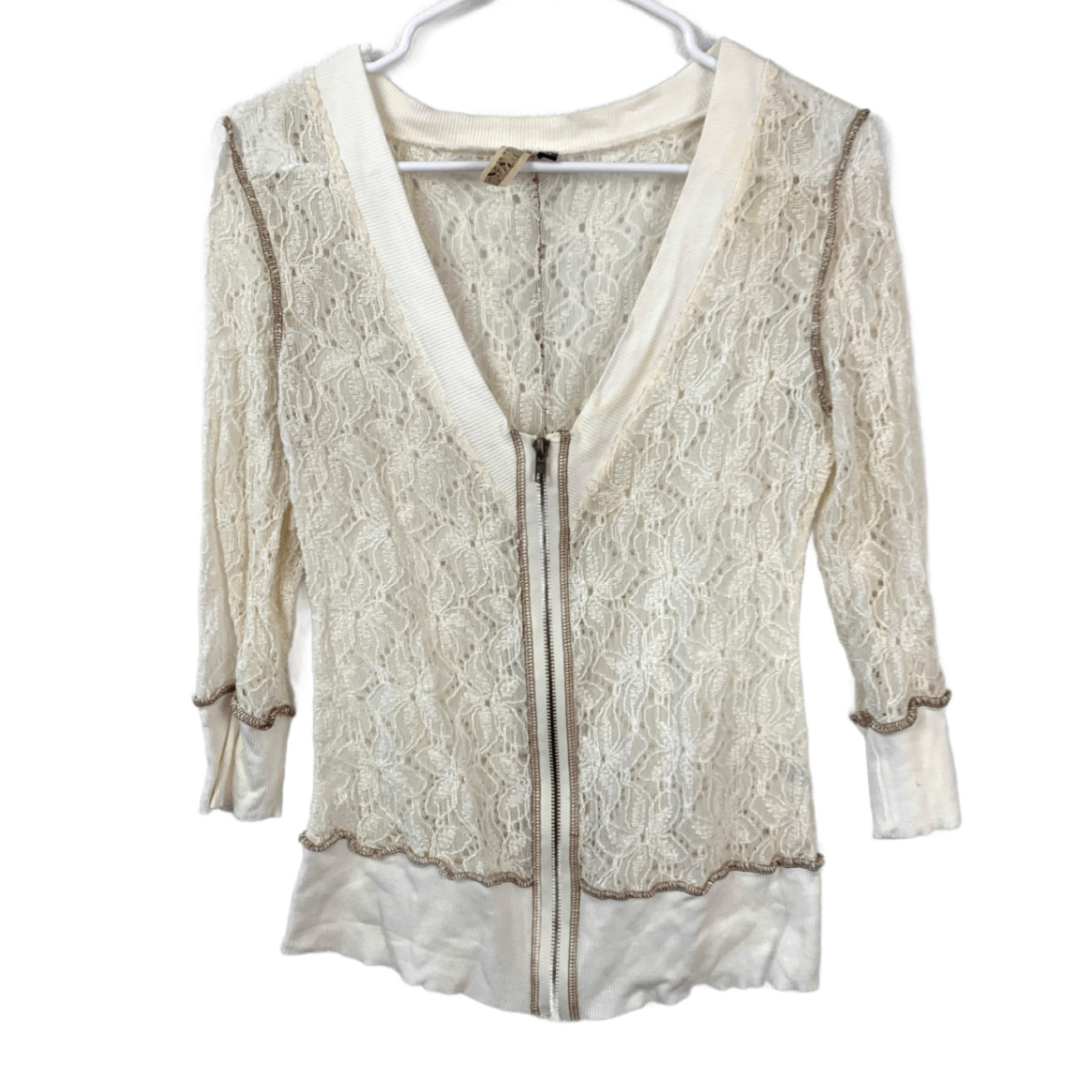 BKE Lace Full Zip Cardigan Womens M 3/4 Sleeve Cream Vintage Boho Cottagecore