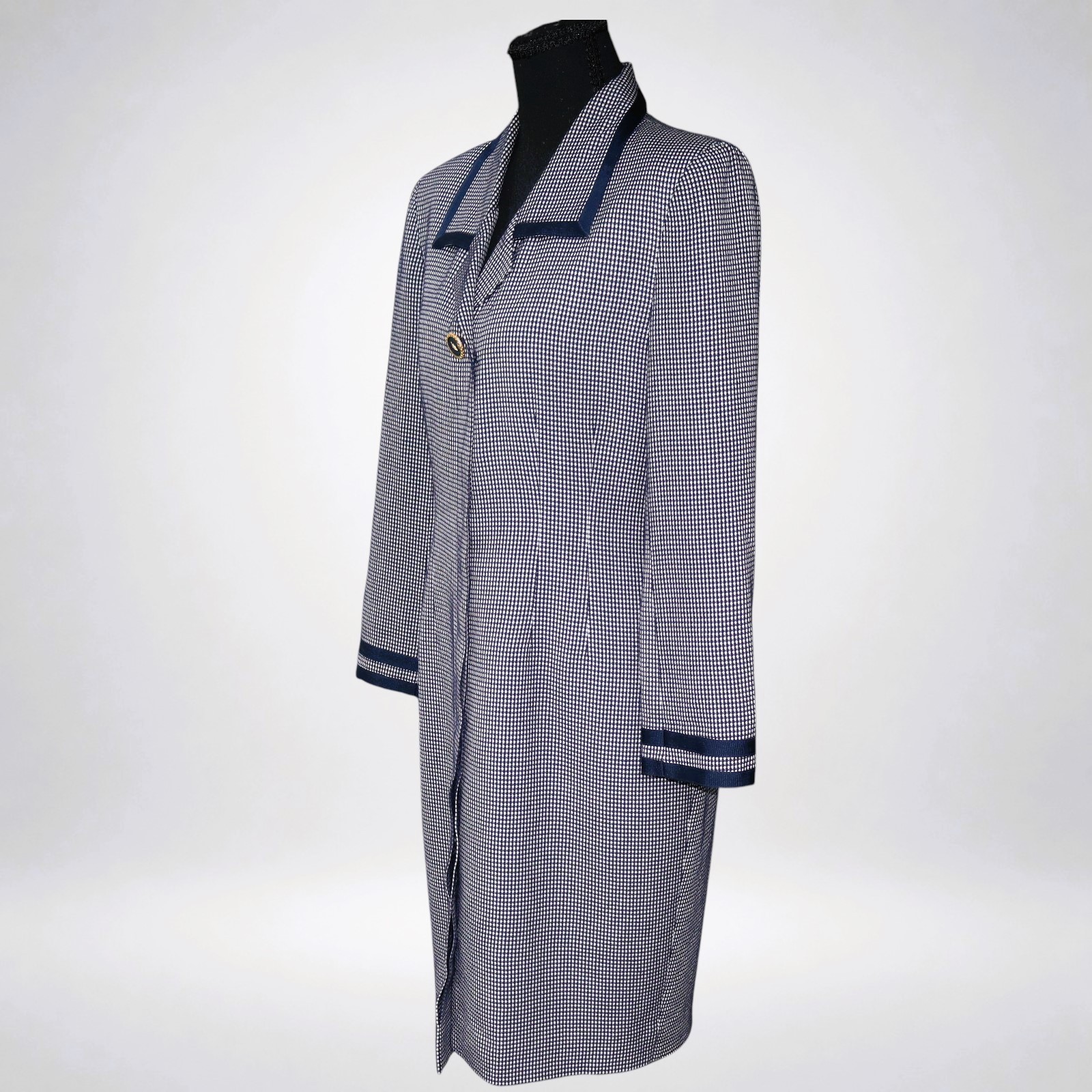 Vintage Liz Claiborne Petite Dress Navy White Micro Check Contrast Trim Size 6P
