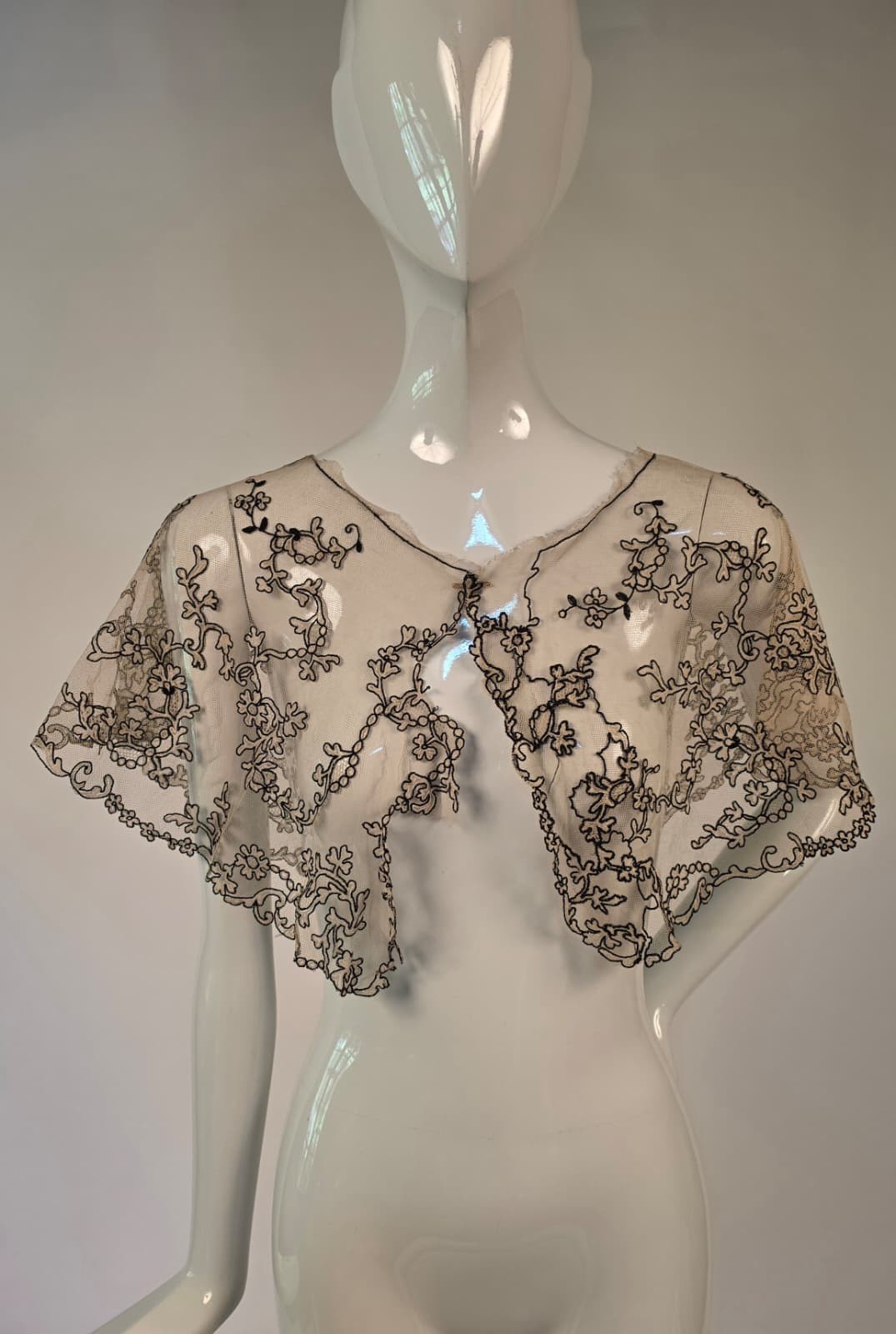 ANTIQUE VICTORIAN 19TH C BLACK EMBROIDERED FLORAL TAMBOUR LACE COLLAR FOR DRESS