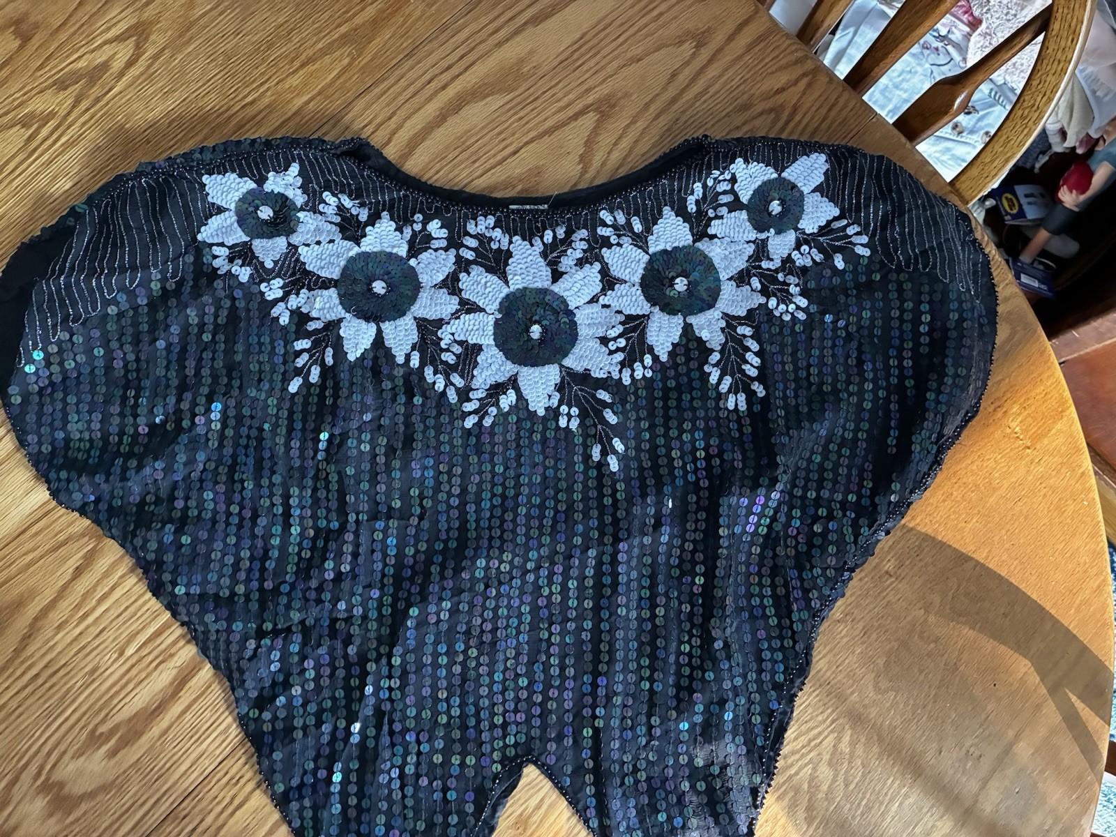 1990s Black & White Floral Silk Sequined Blouse Evening Shimmery