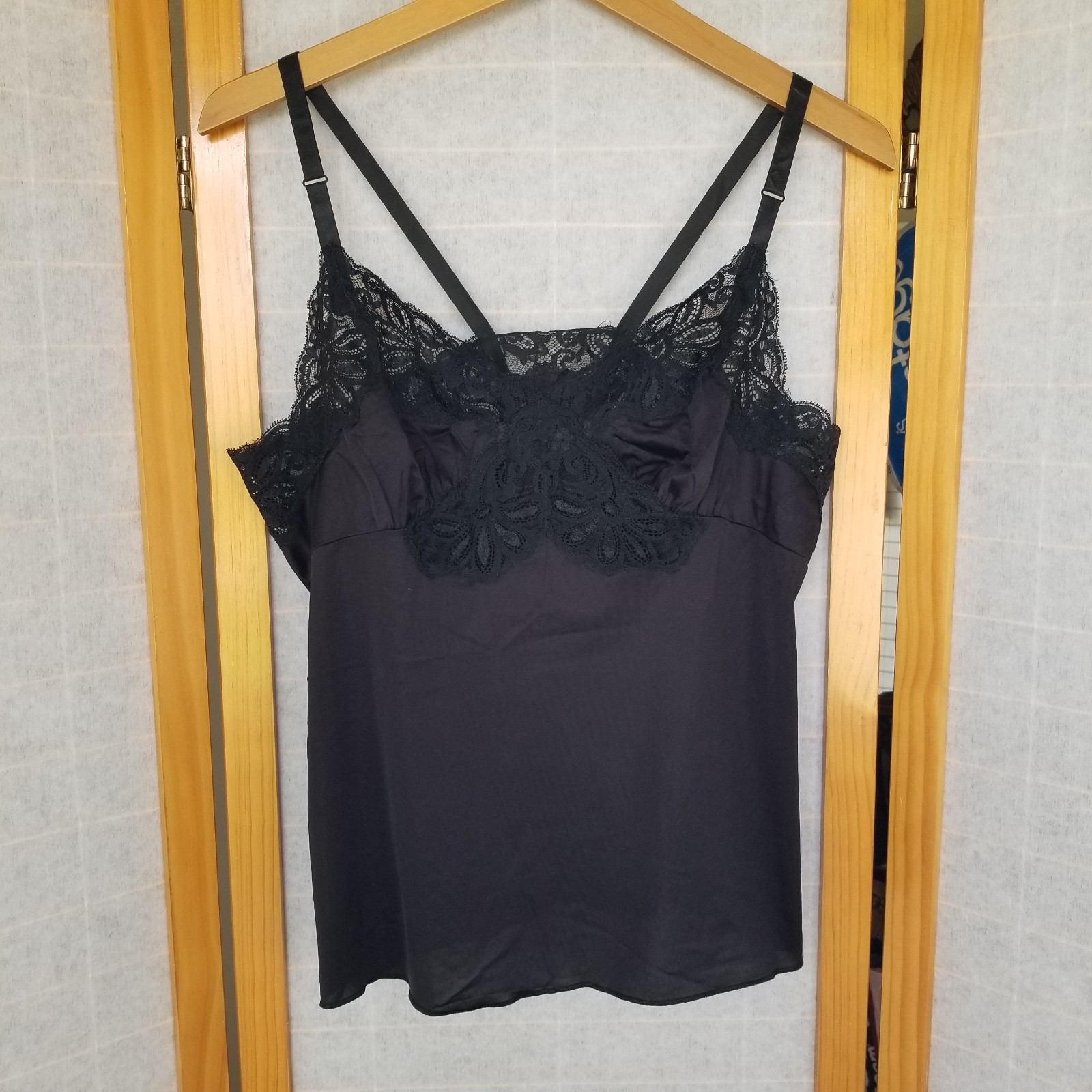Vintage Shadowline Camisole Slip Top Black Lace Trim Sz 36 Made in USA EUC