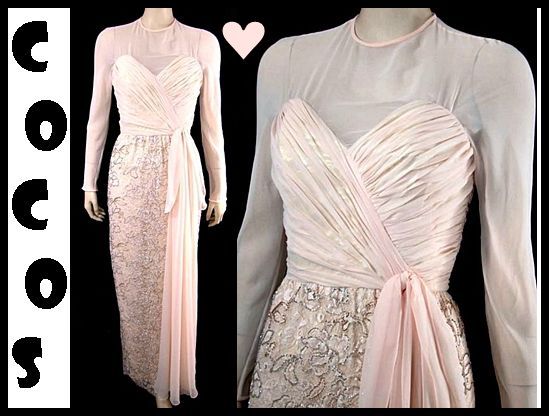 VTG 70s 50s VICTORIA ROYAL Ruched Chiffon Over Lame & Bead Lace Party Dress S