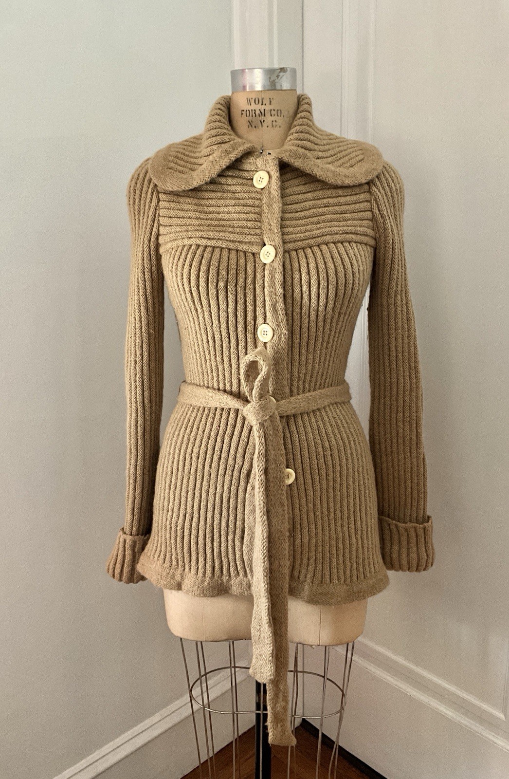 Vintage 1960’s Gino Paoli Belted Wool Cardigan with Big Curved Collar and Cuffs