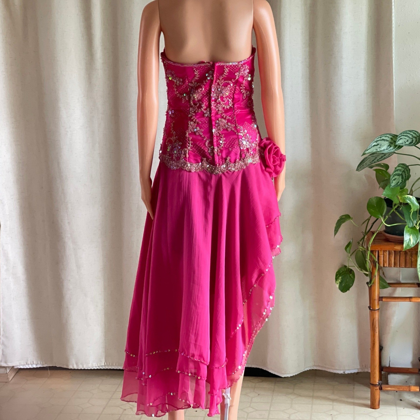 Vintage Y2K Handmade Fuchsia Pink Beaded Fairycore Strapless Prom Dress Gown S