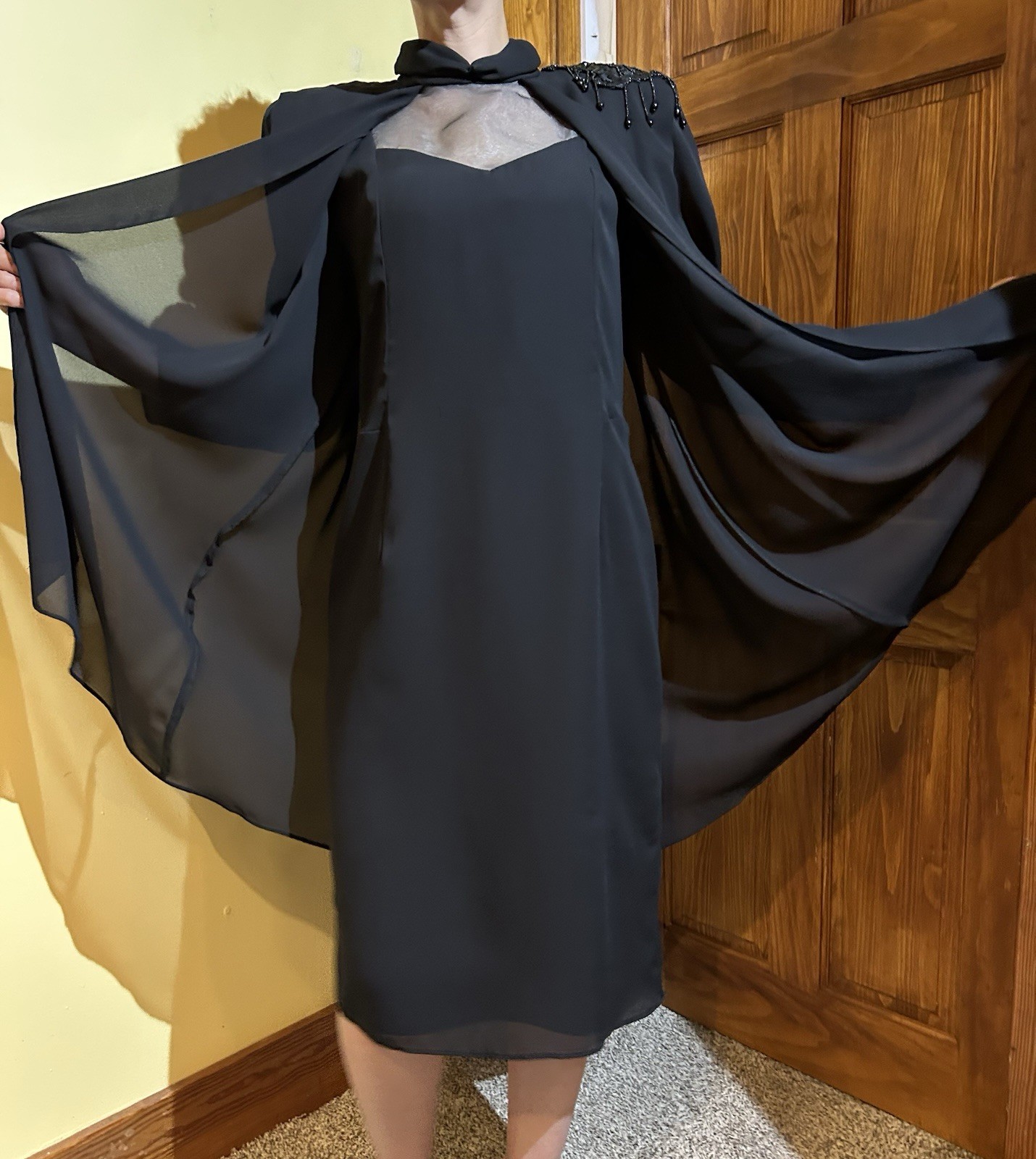 Vintage 80s Black Chiffon Dress With Capulet Beaded Shoulder Size 10 Goth Vampy