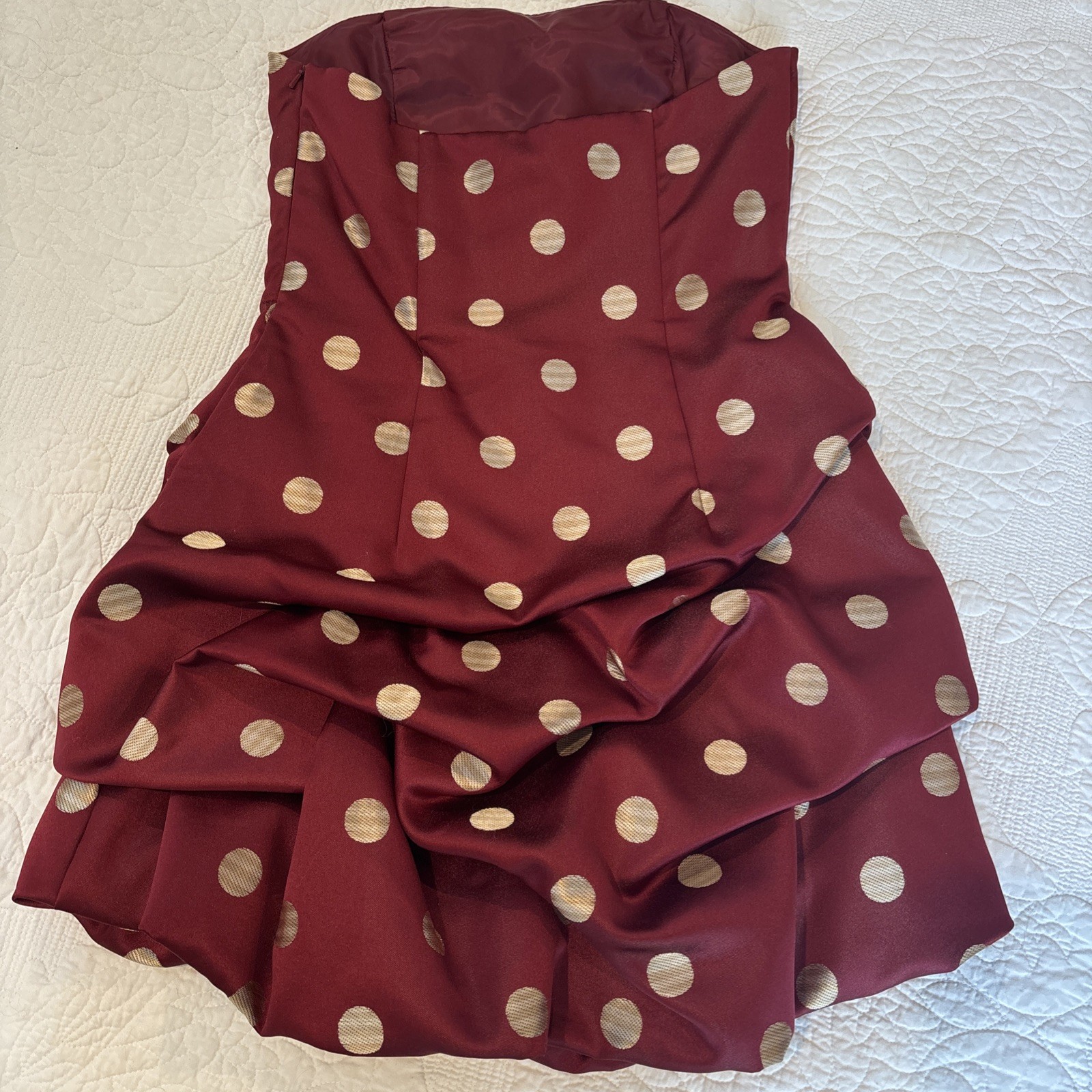 VTG Jessica McClintock Strapless Polka Dot Dress Burgundy Gold USA 1990s Y2K