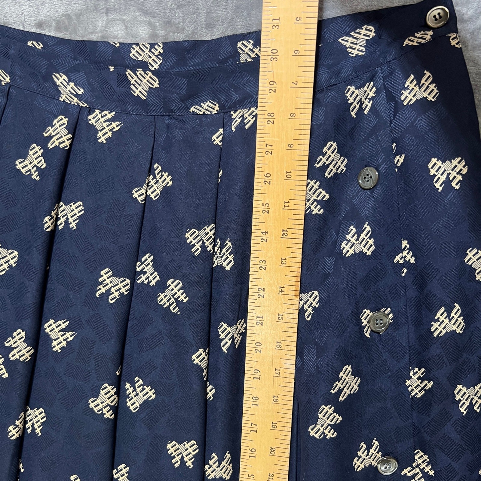 90s Jacquard Bow Print Silk Skirt Blouse Set 12 Navy Office Siren Dark Academia