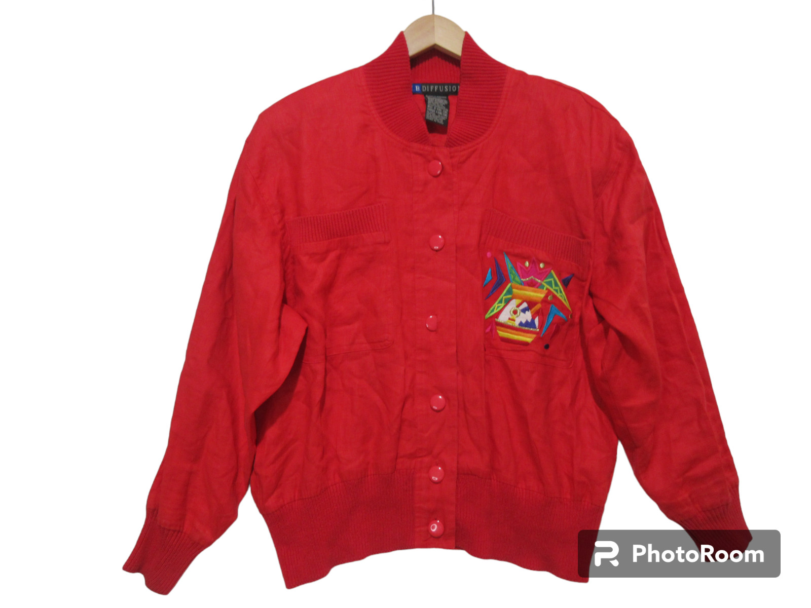 Sz 8 M VINTAGE 90s I B Diffusion Tribal Embroidered Red Linen Bomber Jacket Top
