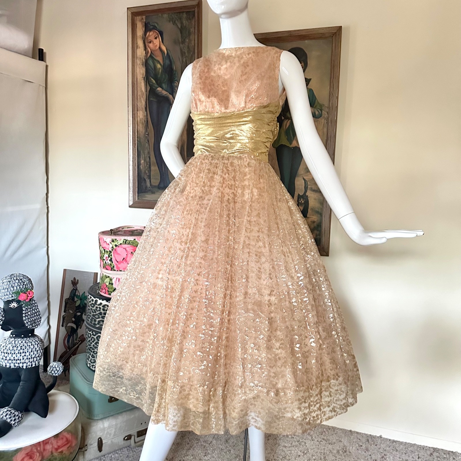 Vintage 1950s Gold Champagne Tulle Cupcake Prom Queen Dress VLV Wedding Gown XS