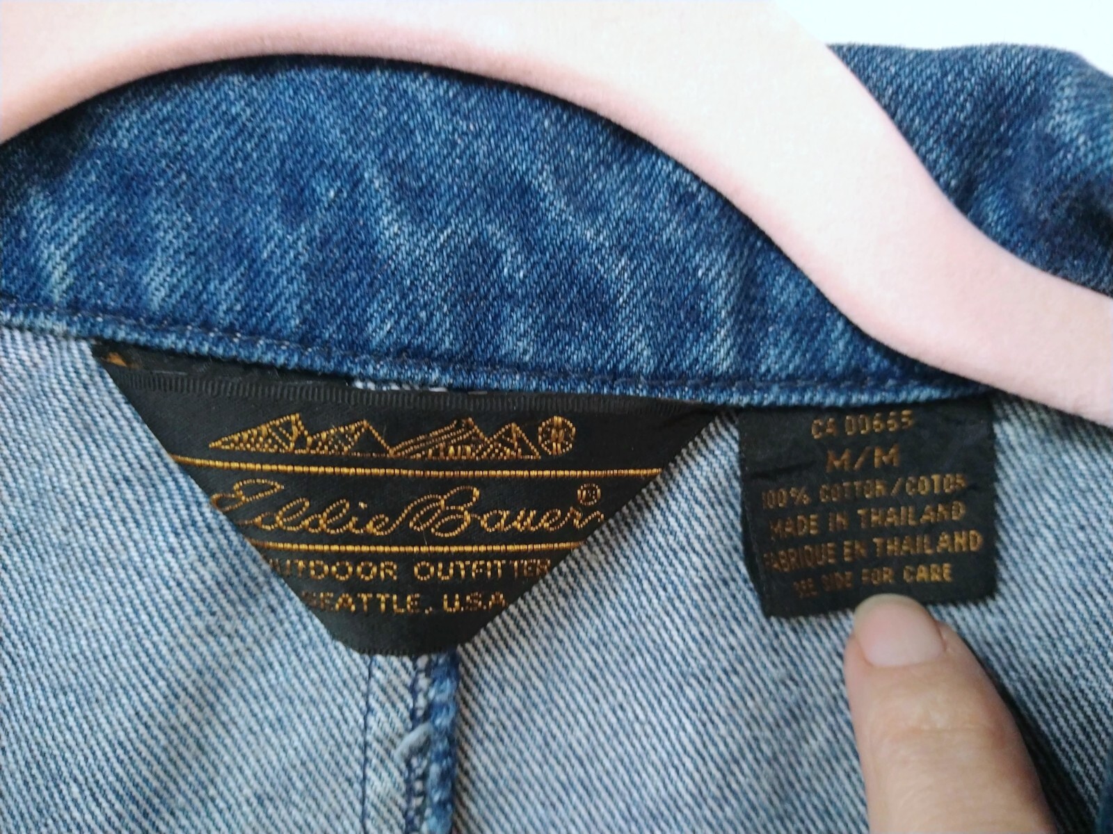 VTG Eddie Bauer WM M Jean Jacket Blue Dark Wash 3 Pockets Notched Lapel 1 Button