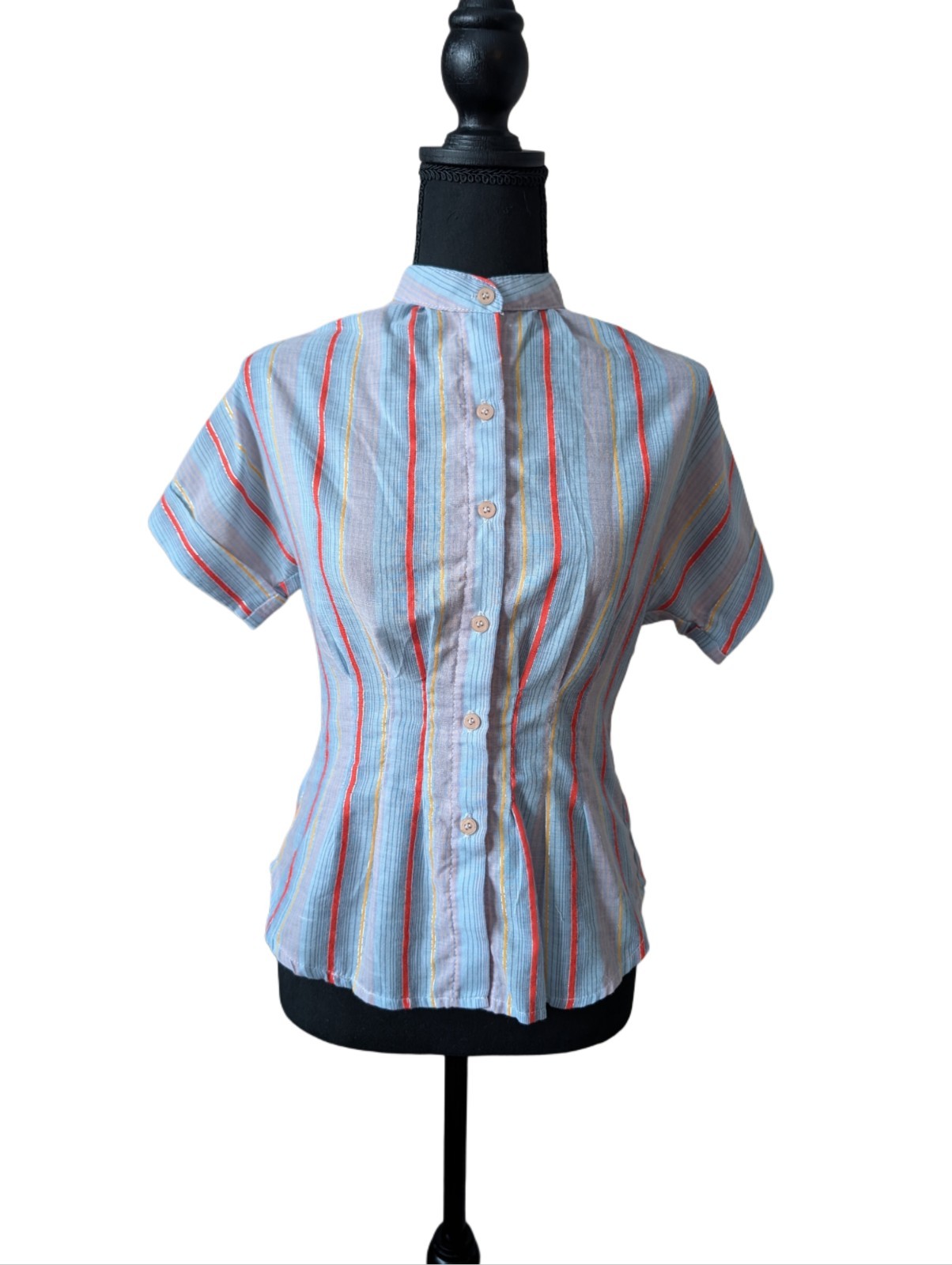 Vintage You Babes Striped Buttoned Blouse Short Sleeved Cuffed Size M