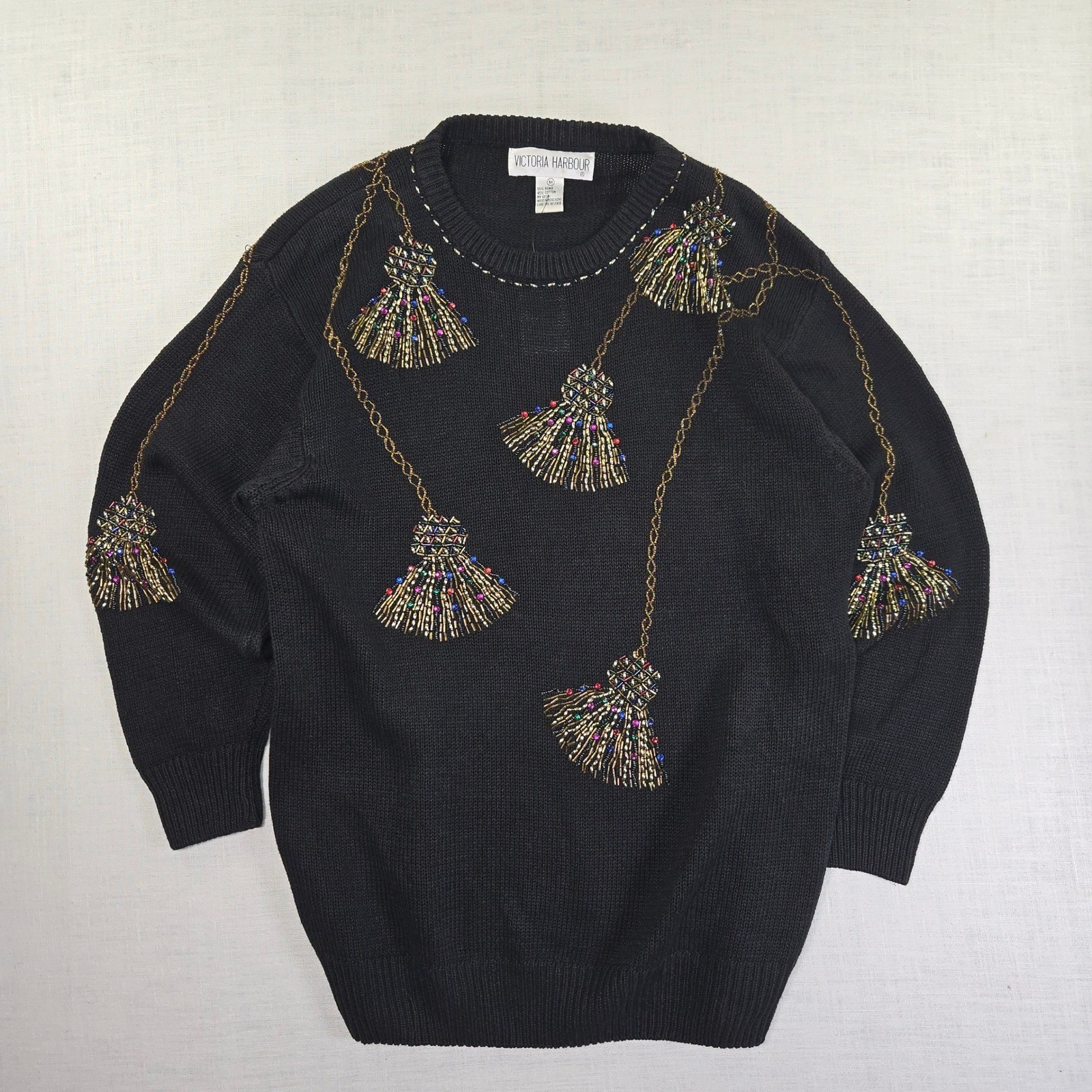 VTG Victoria Harbour Women Medium Sweater Black Beaded Tassels Gold Chain Ramie