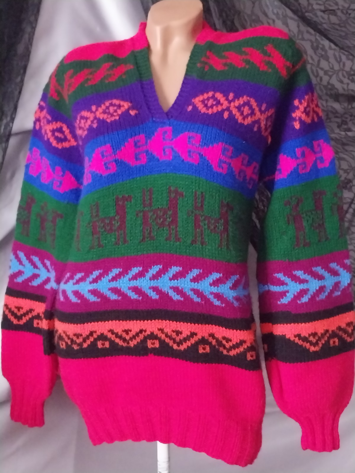 Geo Color Block Vtg 80s Slouch V Neck Sweater Chunky Knit Tunic Pullover Jumper