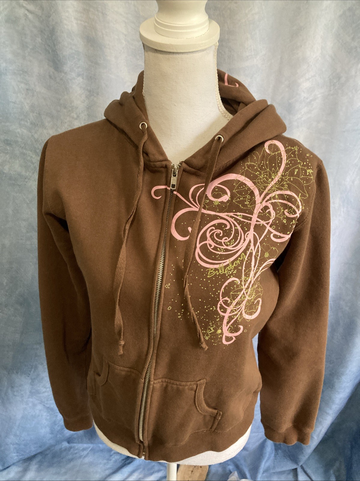 VTG Y2K Billabong XL Brown Pink Swirl Zip Hoodie Green Embroidered Graphic Surf