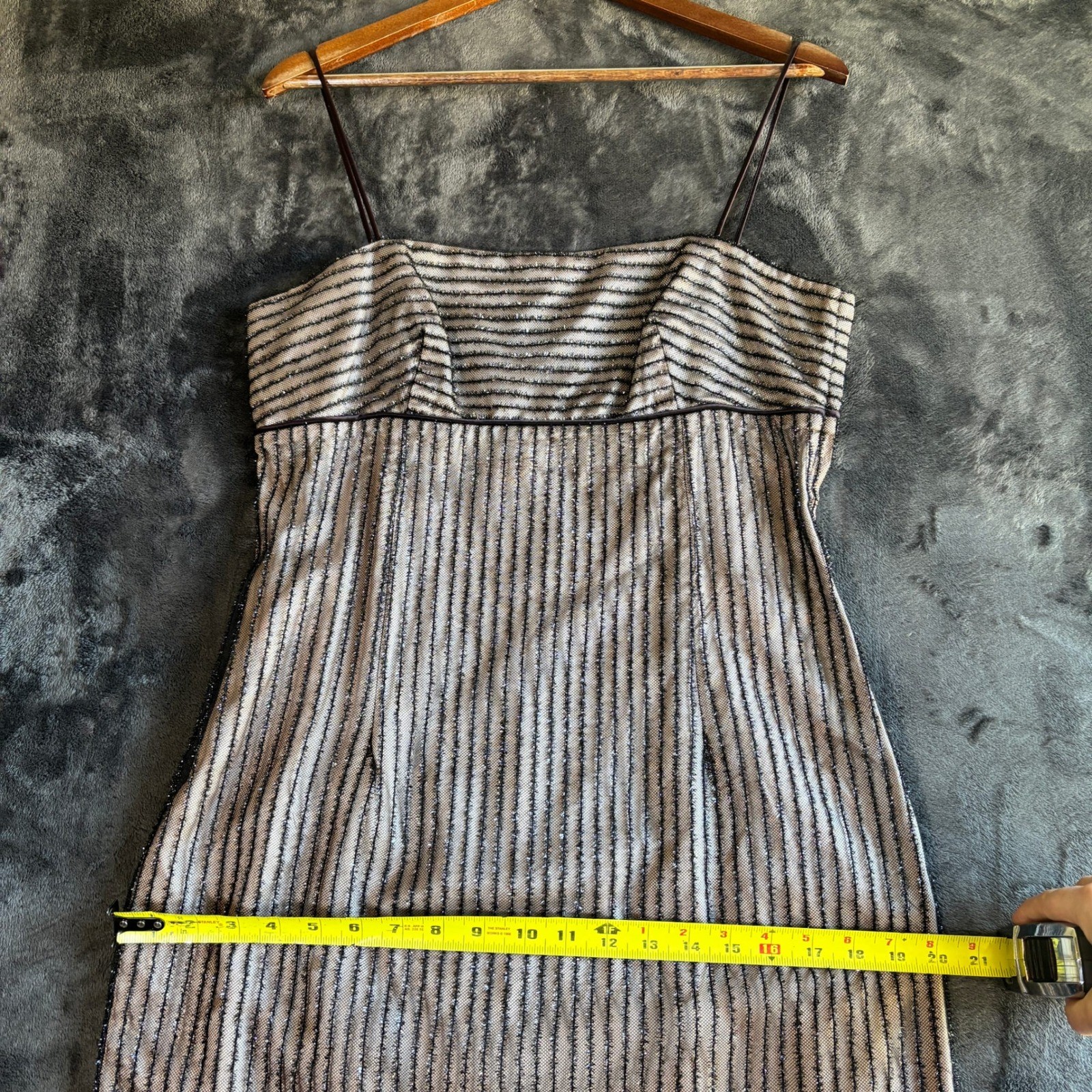 De-Laru by Sheila Yen Vintage Silver Metallic Striped Maxi Dress Size 13/14 4481