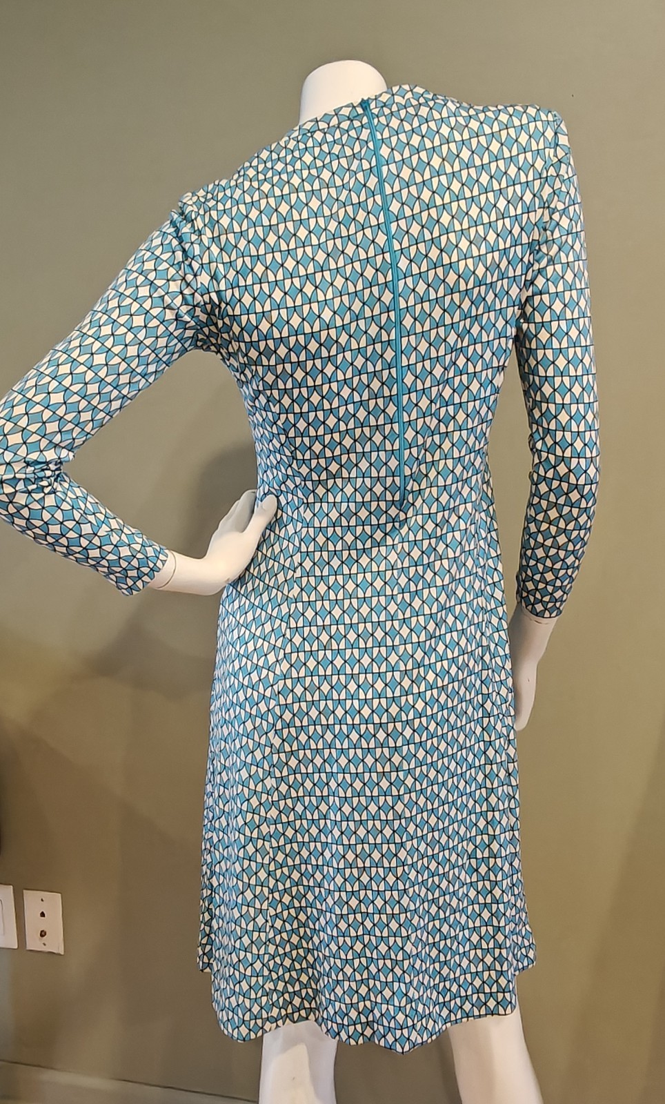 Vtg Saks Fifth Ave Signature Maurice 70s Turquoise Geometric Fit Flare Midi M/L