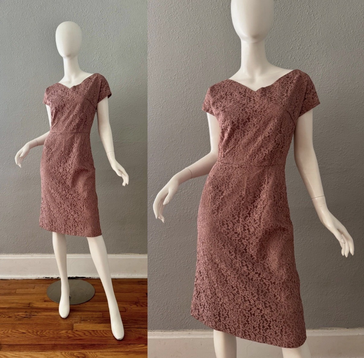 Vintage 50s 60s Mauve Pink Lace Wiggle Sheath Cocktail Dress S