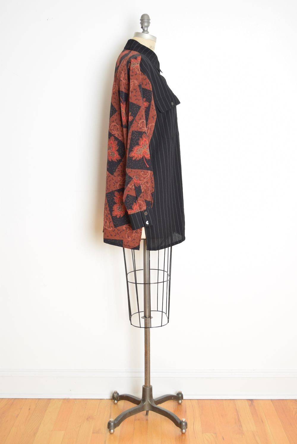 vintage 90s top patchwork button up shirt blouse oversized black gray rust L XL