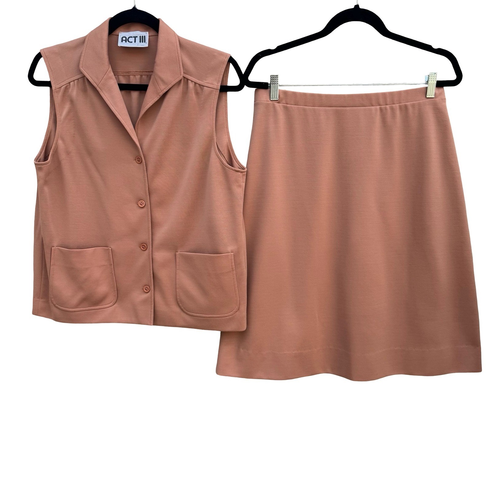 Act III Vintage Womens Terracotta Knit Vest Skirt 2 Piece Set ILGWU USA Made 70s
