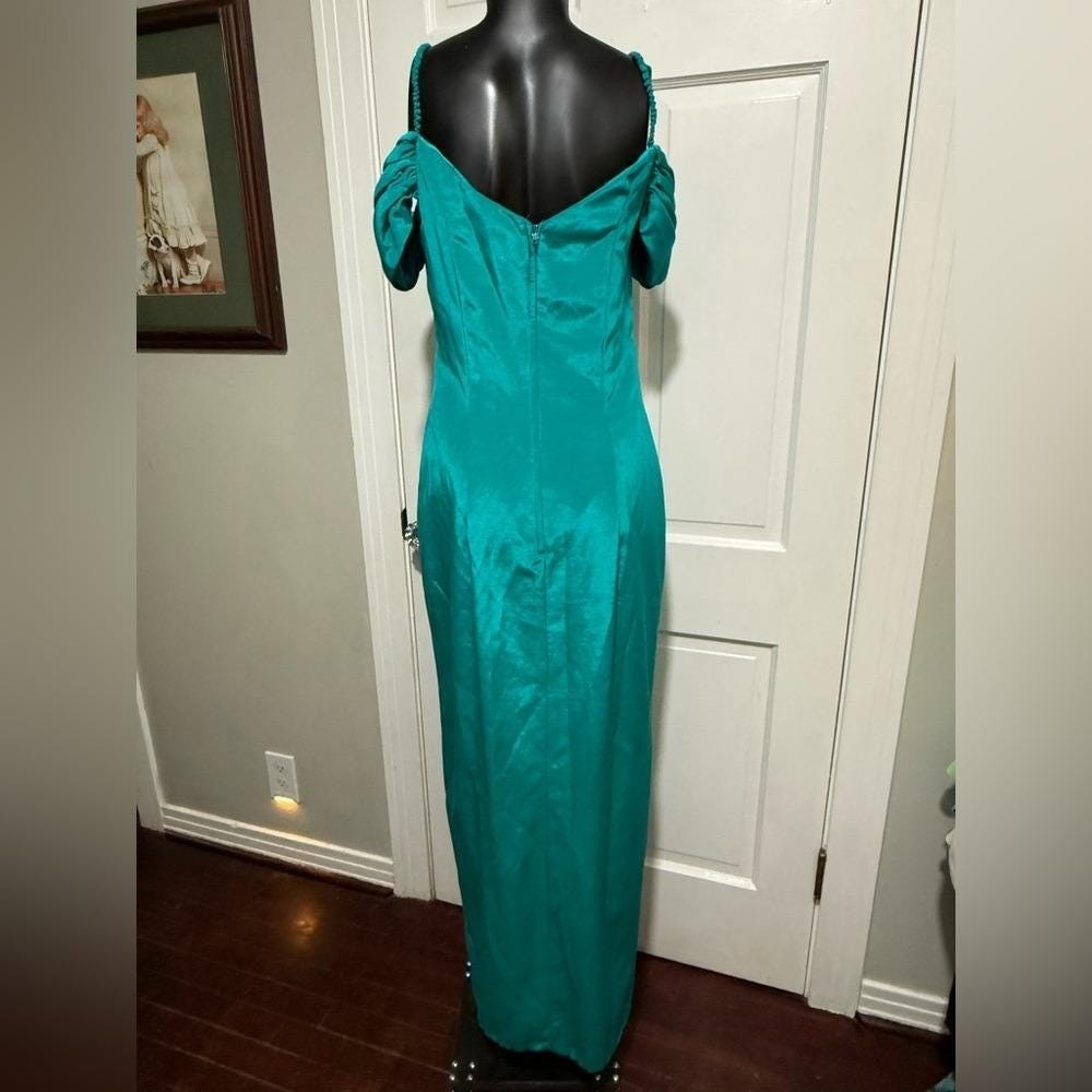 Vintage Teal Off Shoulder Womens Dress Pearl Long Green Size 14