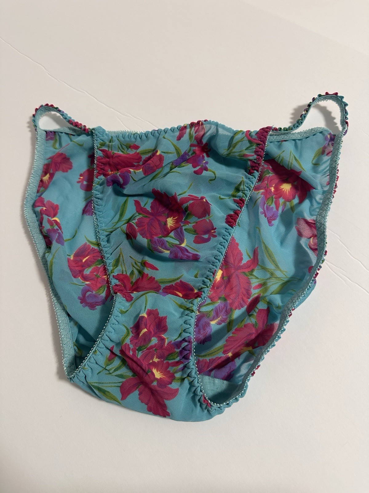 VTG string bikini sheer floral panties size M hot pink/teal