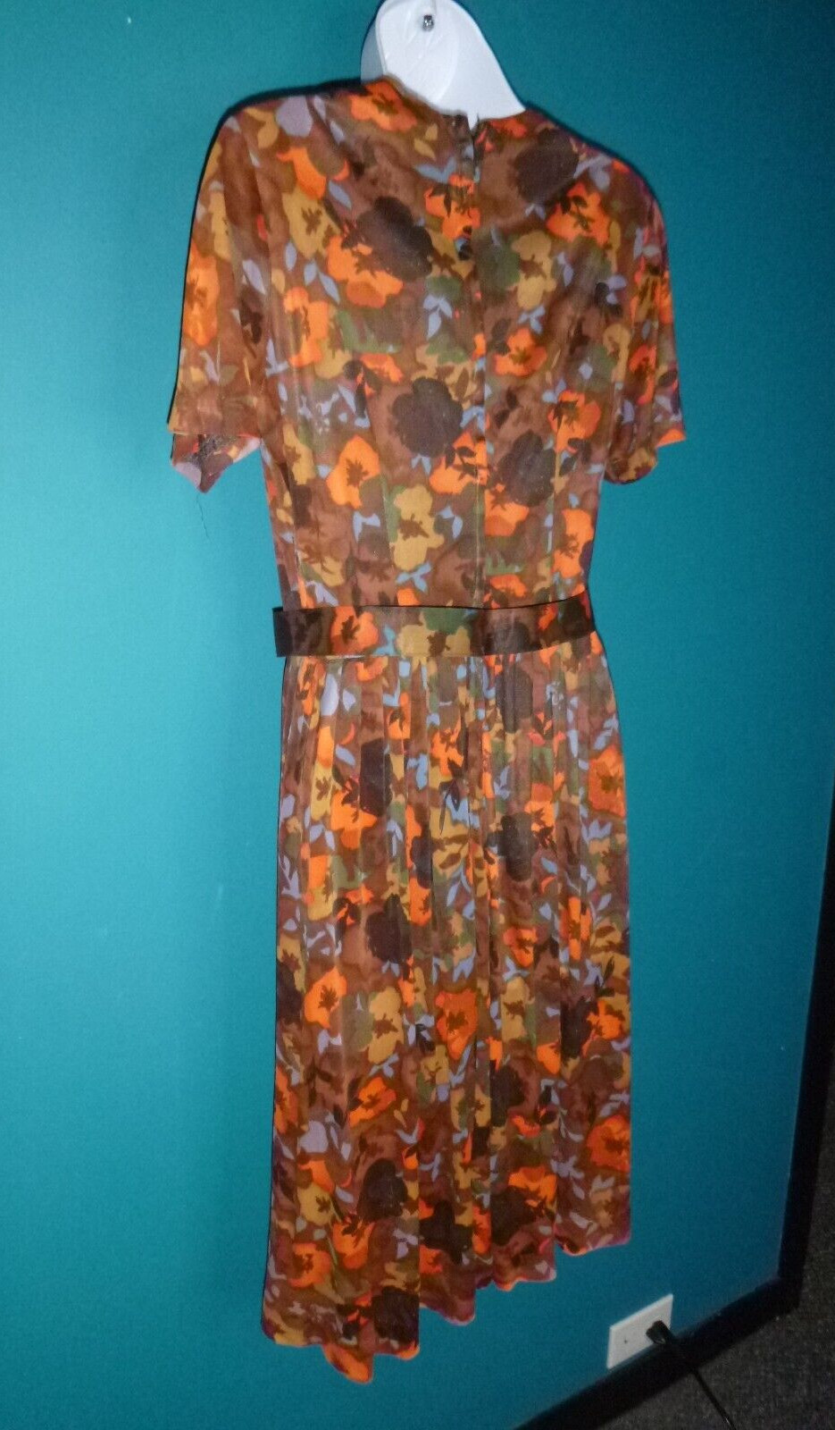 Vtg 60s Nylon Stretch Fabric Dress Multi Color Brown Orange Floral Sz S/M