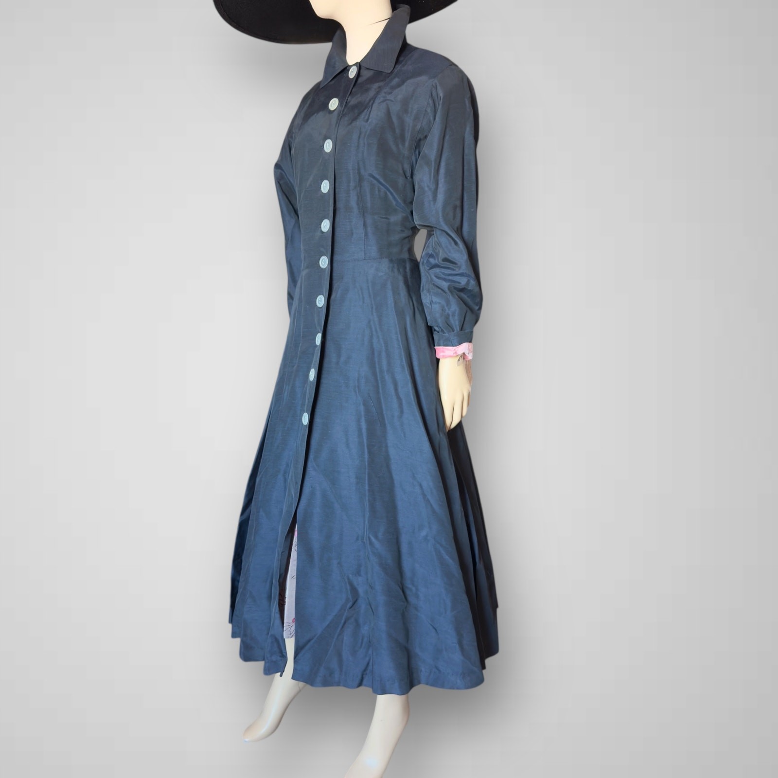 Vintage 1940s New Look Black Silk Duster Princess Coat Button Front Jacket Small