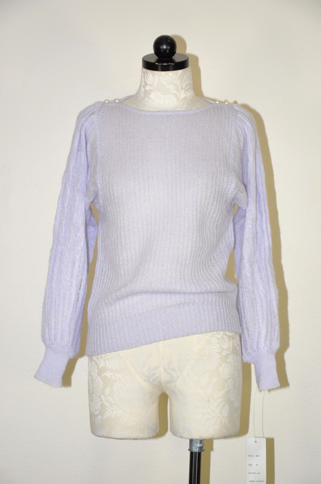 70s VTG Lavender Purple Mohair Puff Sleeve Pearl Buttons Knit Sweater Women XS