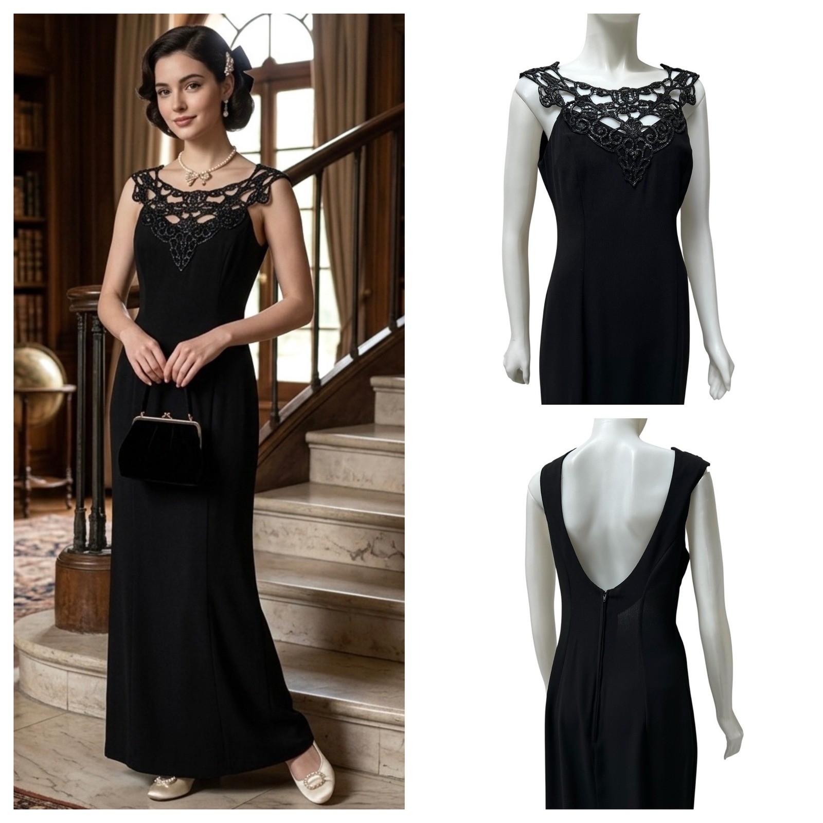 Vintage Maxi Gown Black Lace Gothic Vampy Glam Evening 90’s Prom Dark Romance