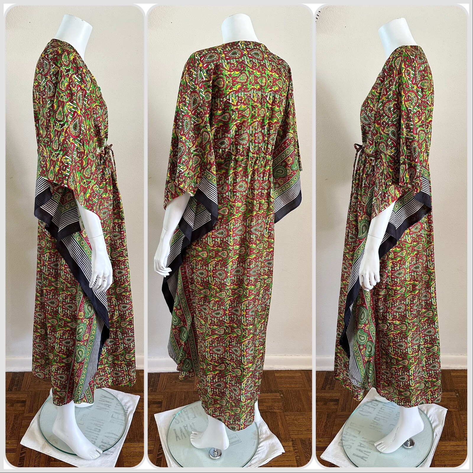 70s Handfabs Indian Block Print Caftan Dress Maxi Mumu Beach Cabana Pool 80s VTG