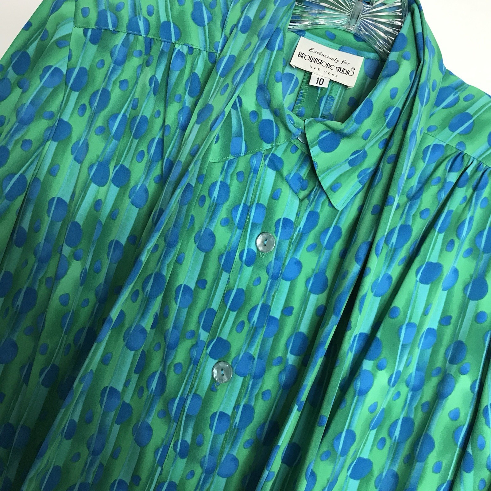 Vintage Dress Sz 10 Long sleeve Abstract Geometric Long Tie Belt Blue Green 70s