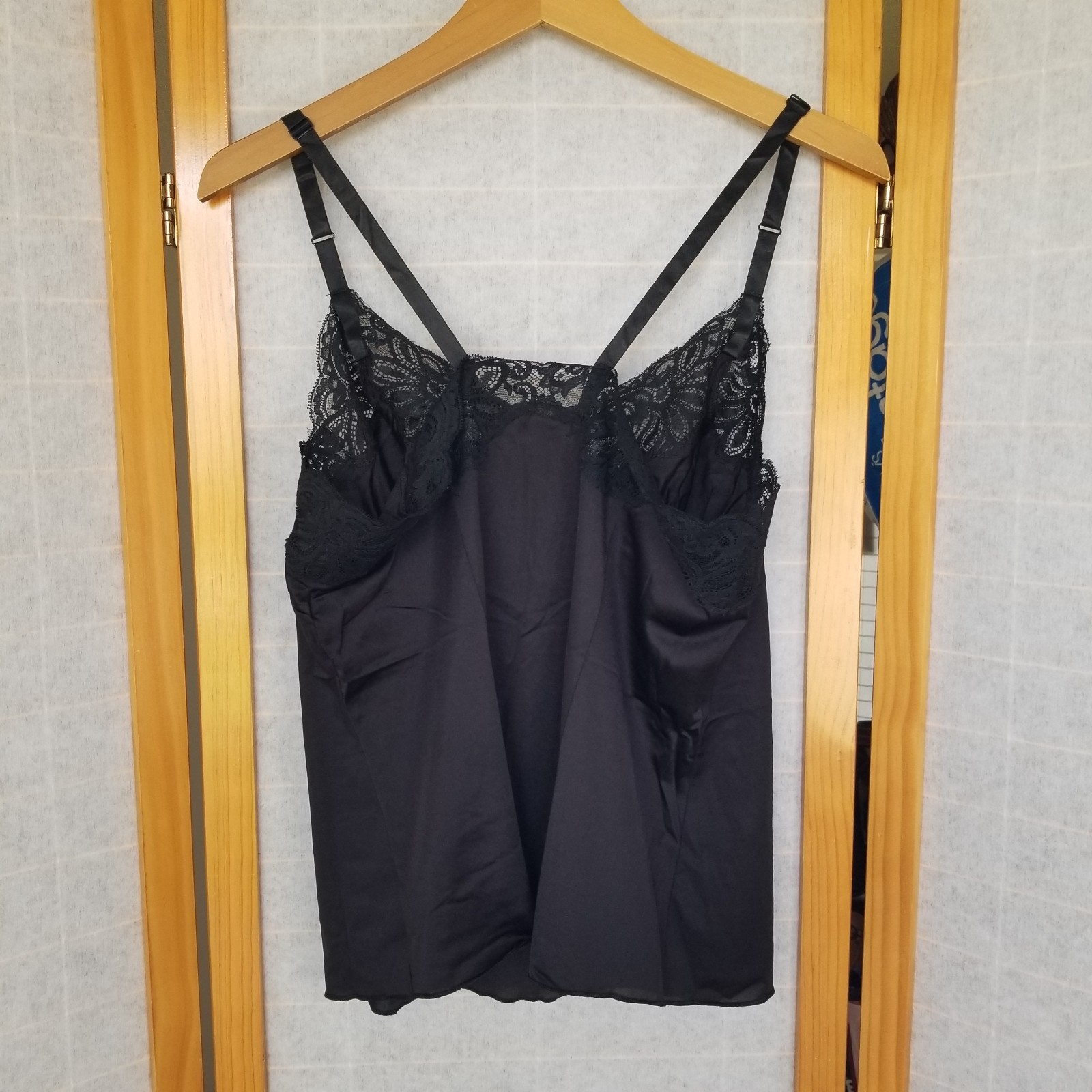 Vintage Shadowline Camisole Slip Top Black Lace Trim Sz 36 Made in USA EUC