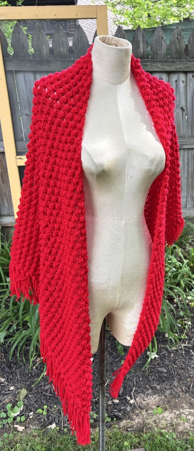 VTG Retro Shawl Boho Mod Handmade Crochet RED Poncho Wrap Fringe 40×80″