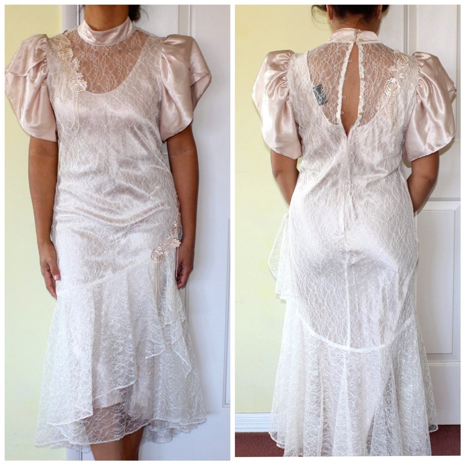 Vtg Cachet by Bari Protas Midi Lace Dress Floral Beaded 9/10 Champagne Victorian