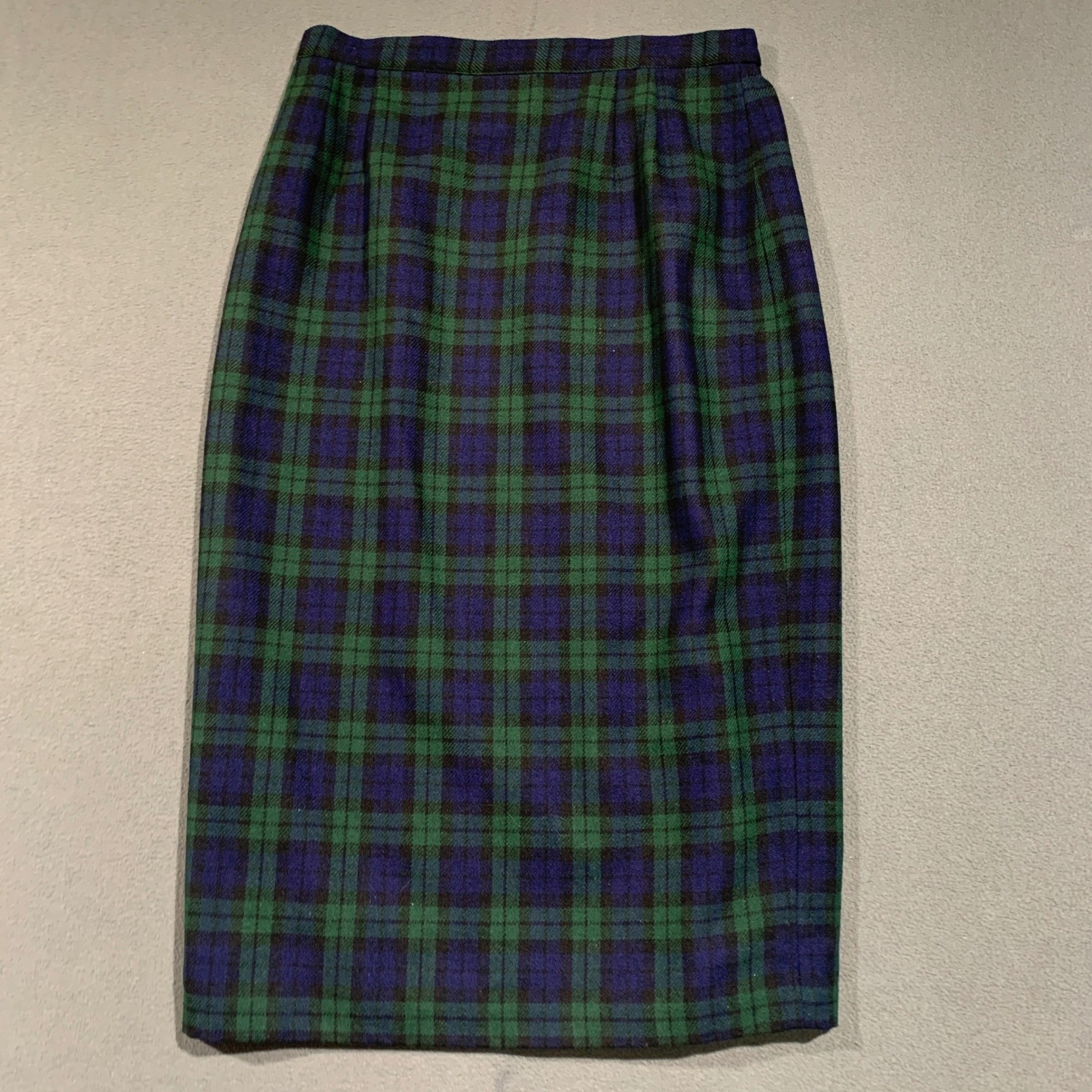 Joan Leslie Vintage Wool Blend Black Watch Plaid Pencil Maxi Skirt Green Blue 18