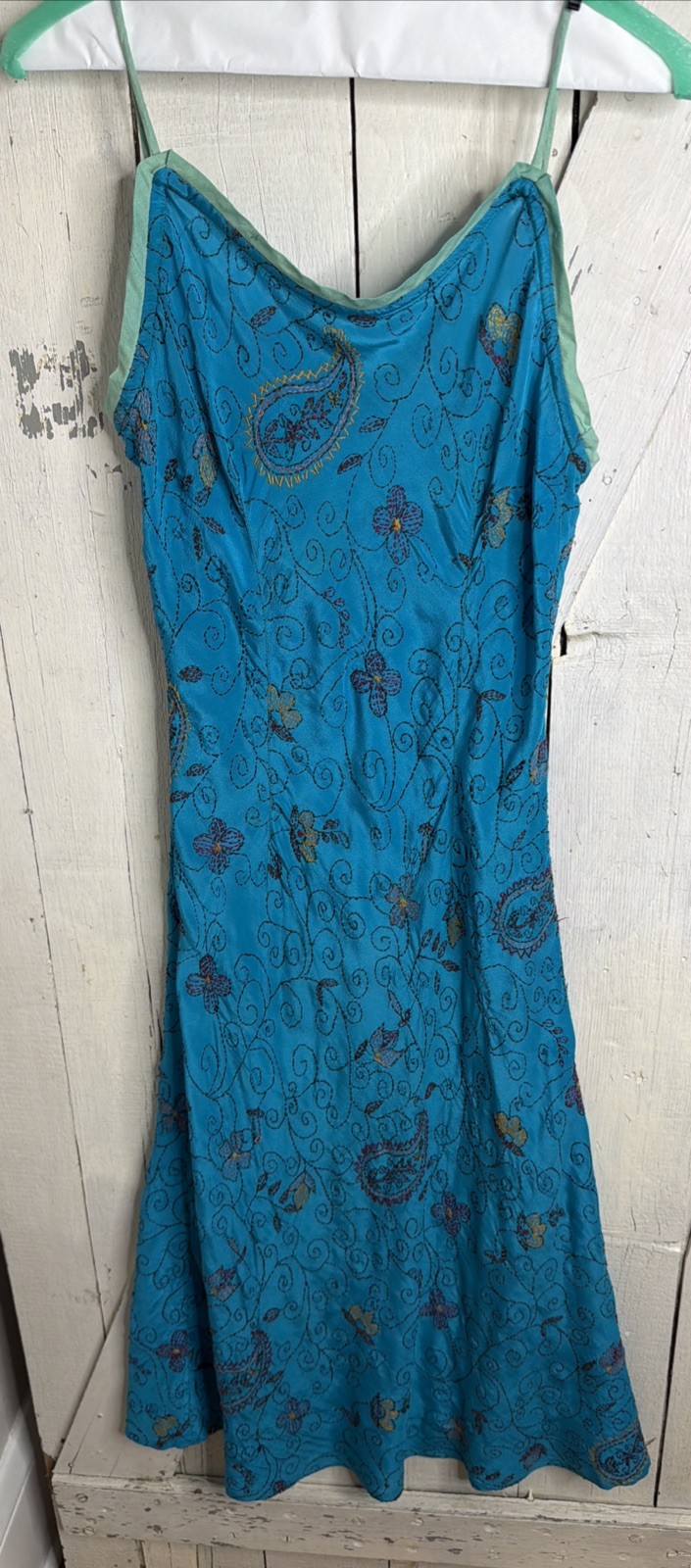 Vintage Paul Ropp Embroidered 100% Silk Blue Slip Dress Multicolor Paisley READ
