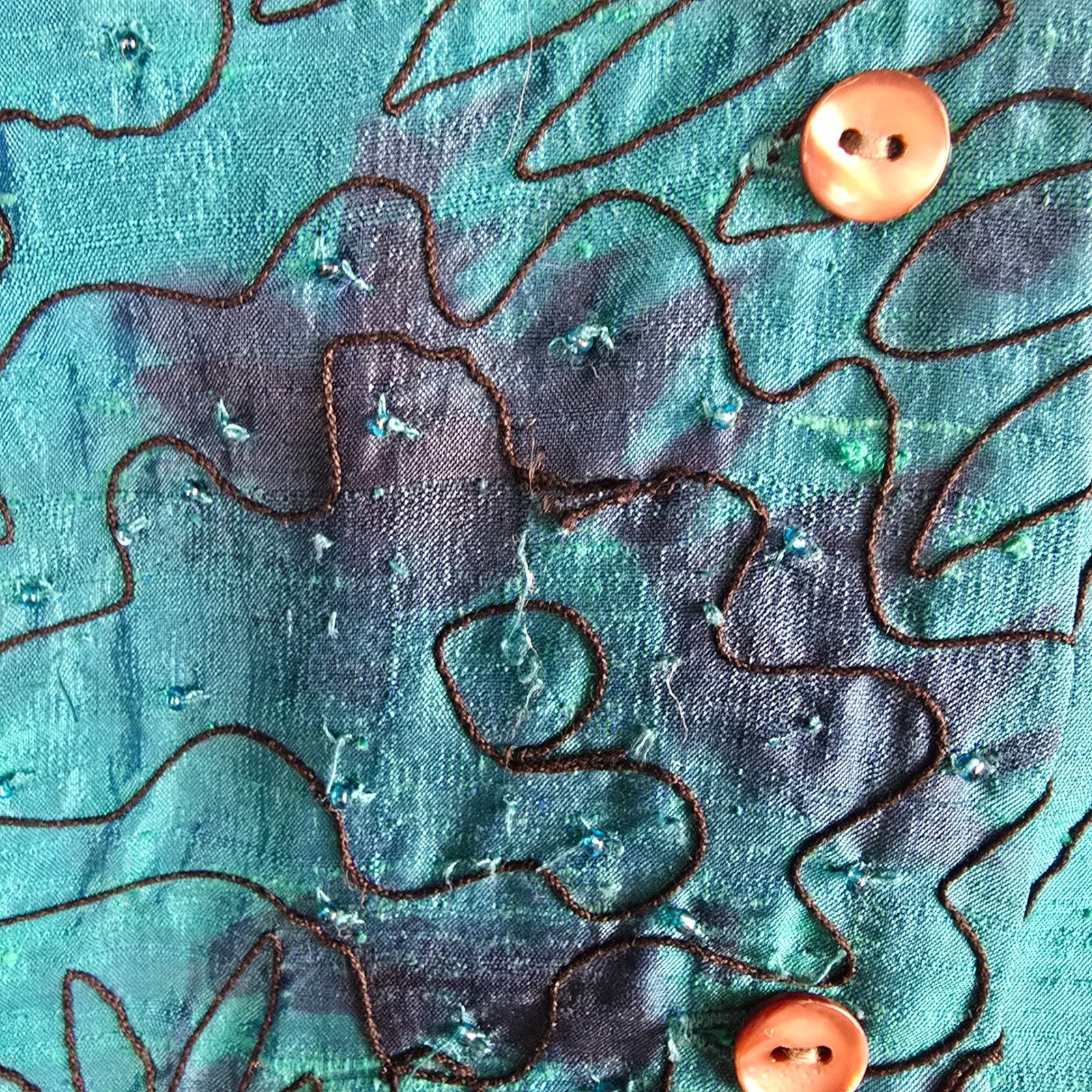 Vintage Chico’s Design 100% Silk Beaded Floral Shirt Teal Blue Boho Size 3