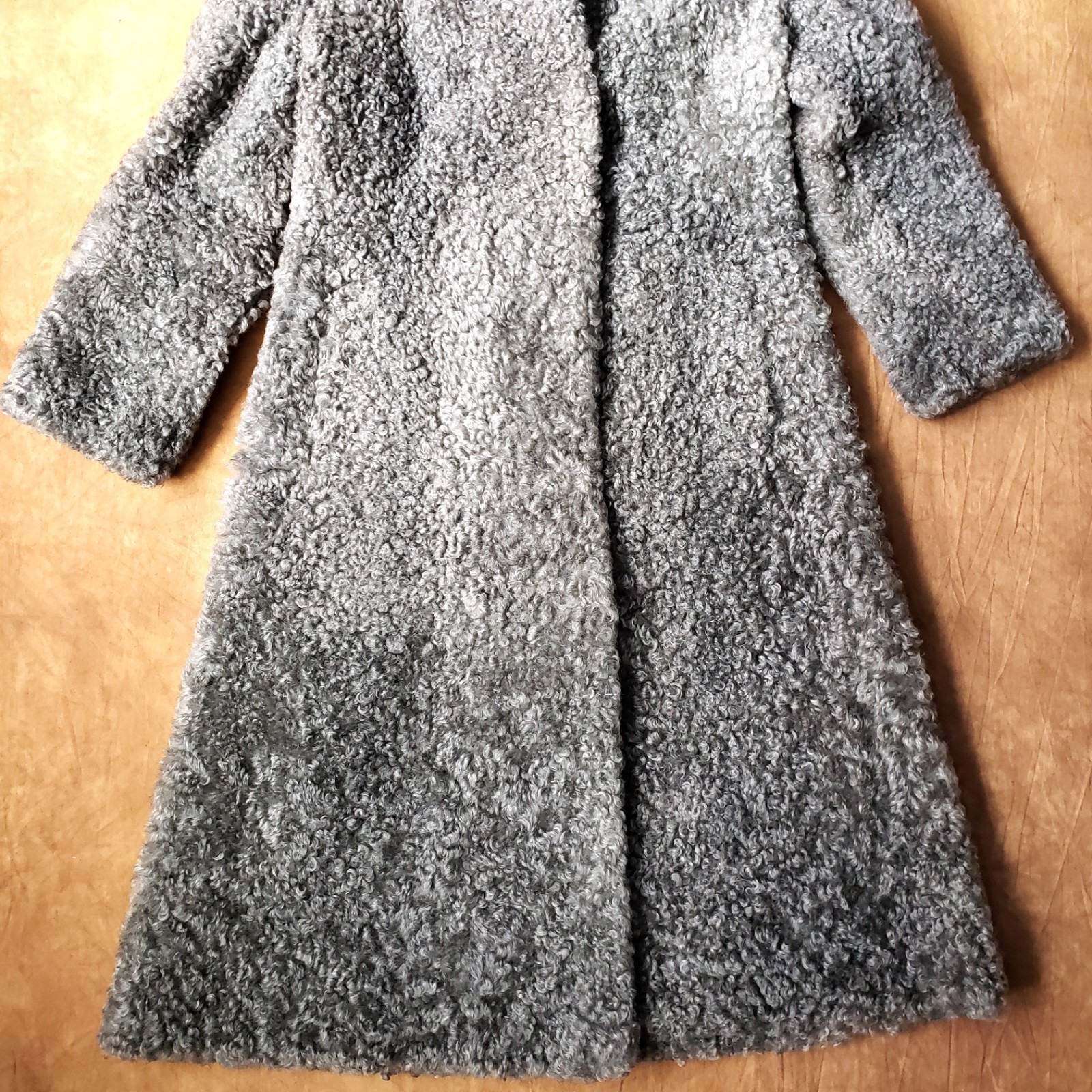 Vintage 50s Gray Greige Curly Viking Lamb Hooded Coat L EUC RARE