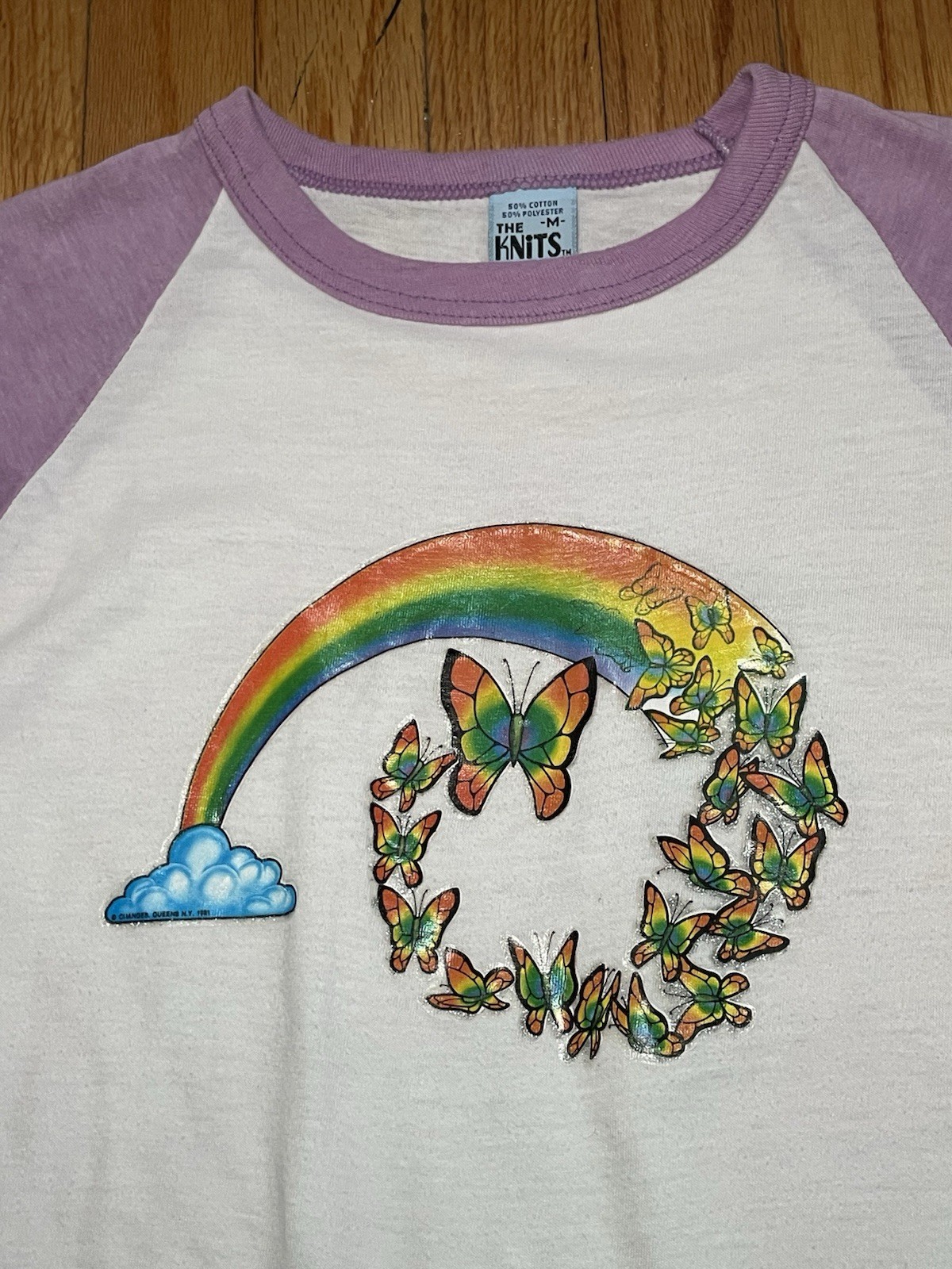80s Women’s Pink Ragland Rainbow and Butterfly’s Shirt Size Medium