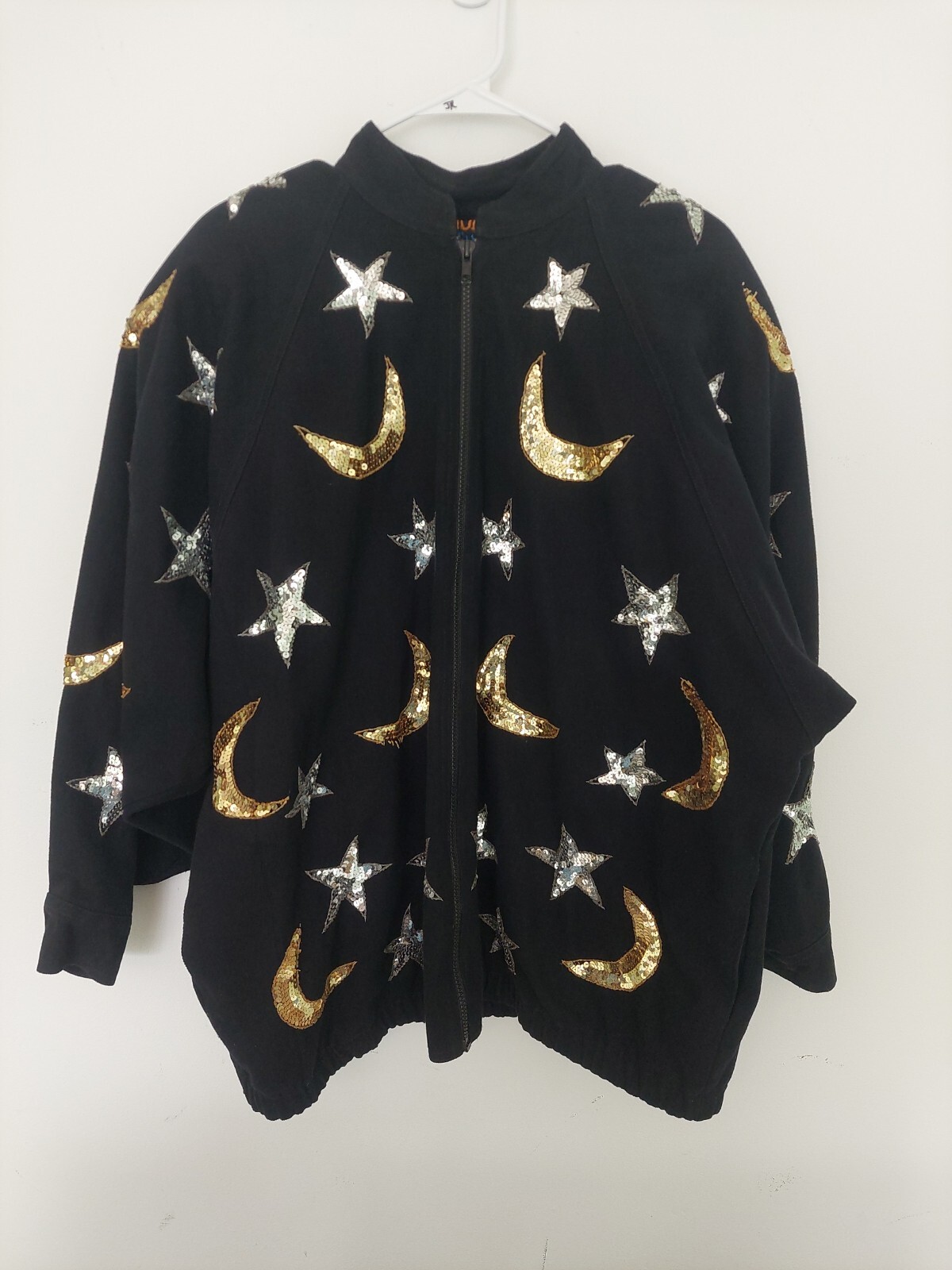 Vintage Modi Denim Celestial Sun Moon Stars Black Sequined Jacket Medium
