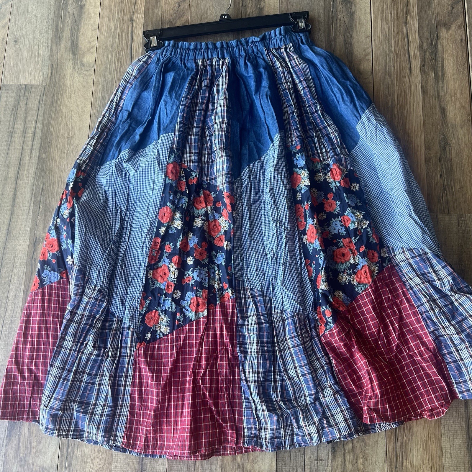 VTG DENIM Patchwork Midi Skirt Cotton Floral Boho S/M P Cottagecore 90s Peasant