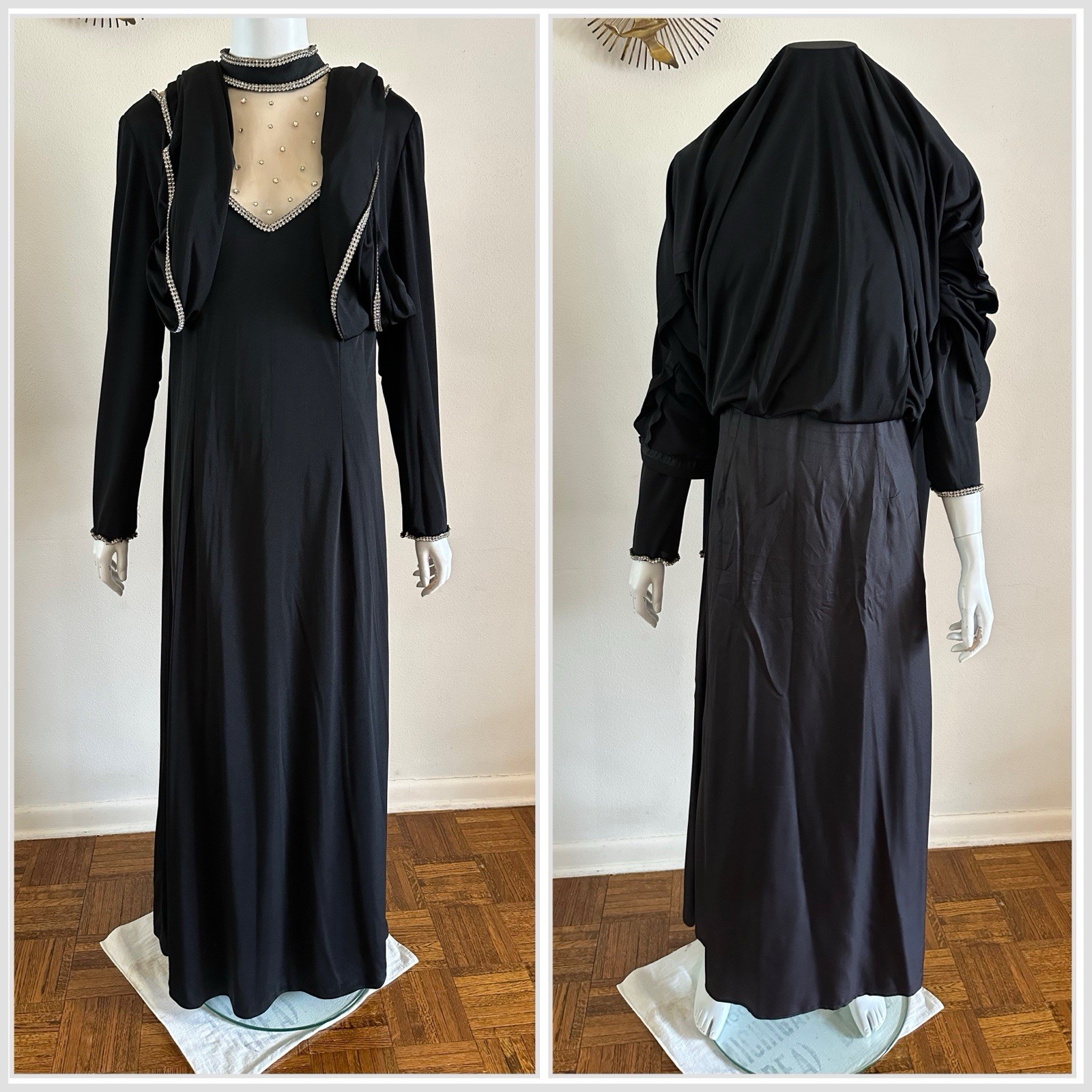 1970s Custom Opera Stage Recital Gown Costume Shoulder Cape Rhinestone Dress VTG