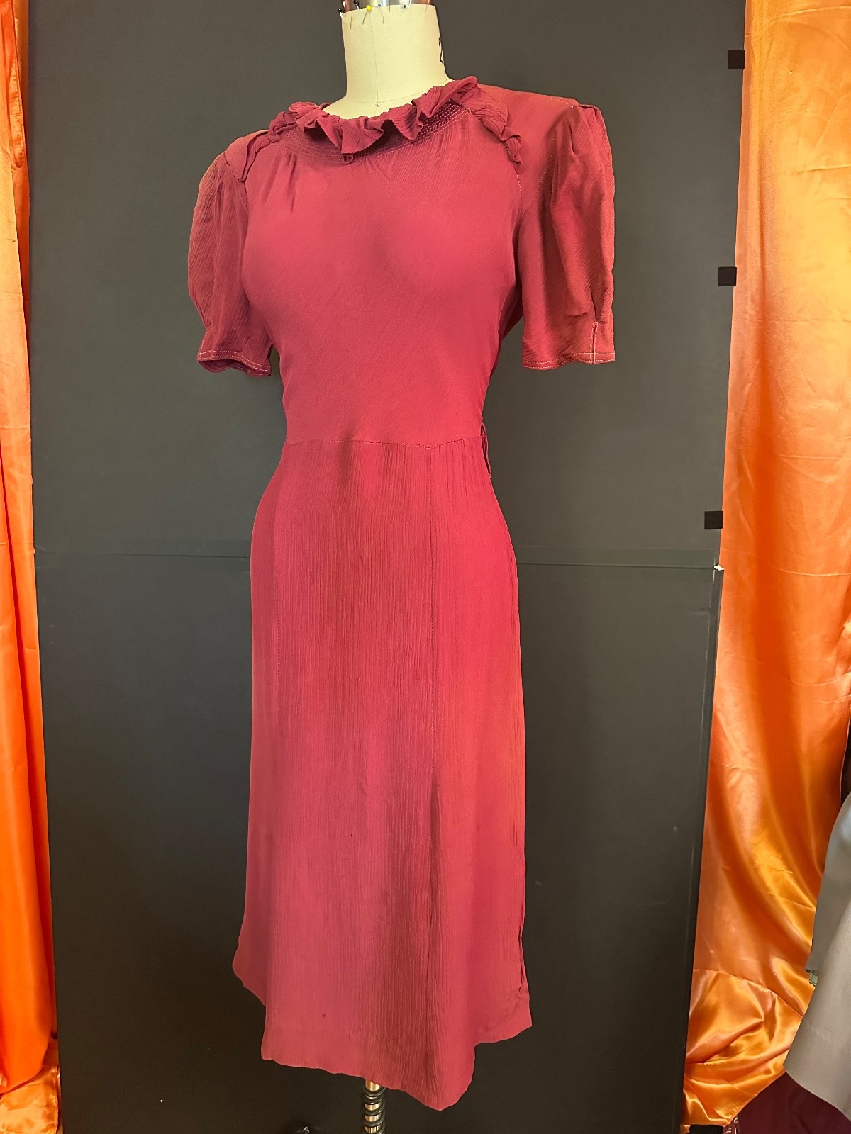 Vintage 1930s 30s 1940s 40s Puff Sleeve Day Dress Burgundy Red rayon crepe
