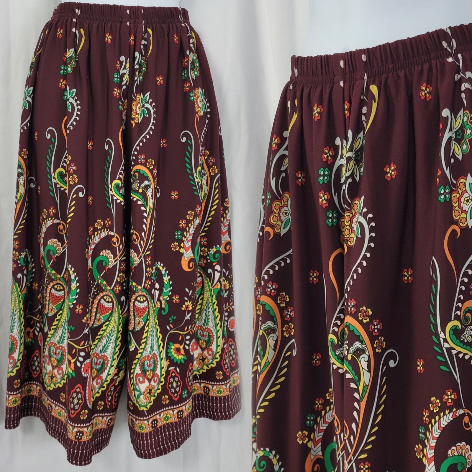 Vintage Brown Culottes w Red/Orange/Yellow/Green/White Border Pattern Size M