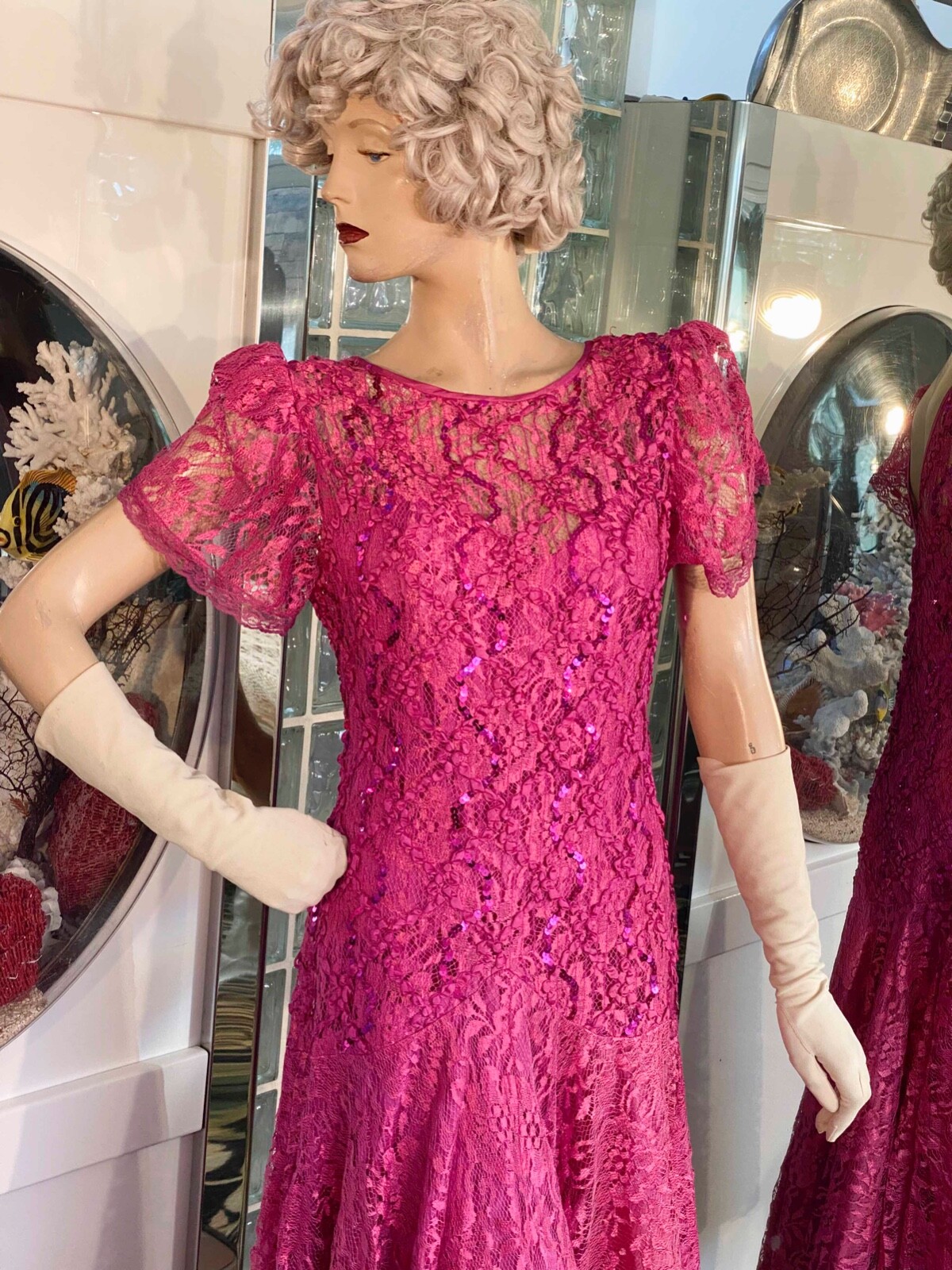 VTG 80s Shuet Young Dress Pink Lace Sequin Tea Party Evening sz M Flapper Style